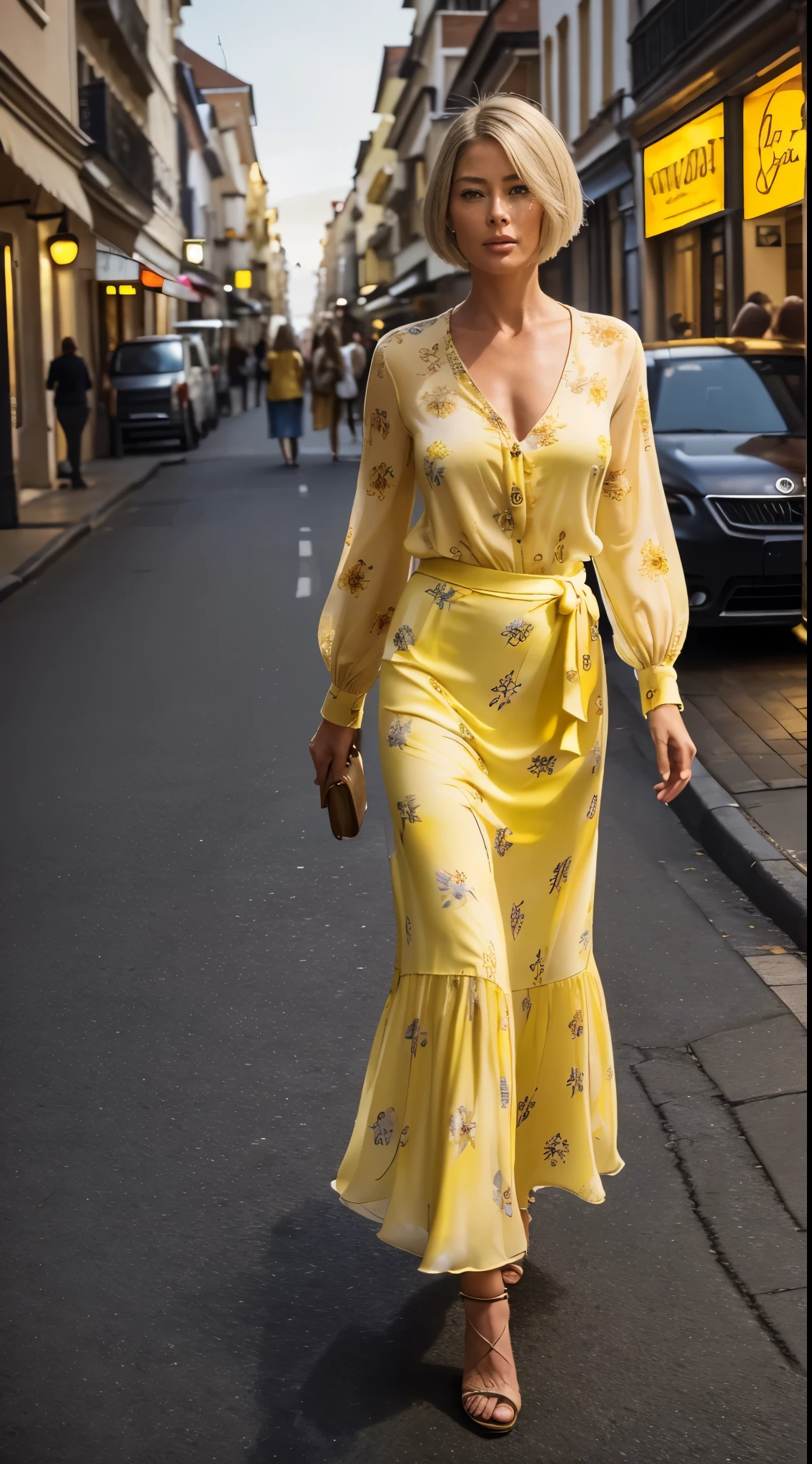 RAW photo of 50 years old Doutzen Kroes, mature woman, masterpiece, best quality, (photorealistic:1.4), full body, (yellow Casual Boho Floral Blouse Shirts V Neck Long Puff Sleeve Lightweight Chiffon:1.2), (yellow fall maxi maxi skirt:1.1), heels, woking on the old European street, during the night, night  cinematic light, beautiful woman, photo oh whole person, cinematic light, beautiful woman, medium breasts, platinum hair, short short (bob haircut:1.2), wrinkles on the face,
