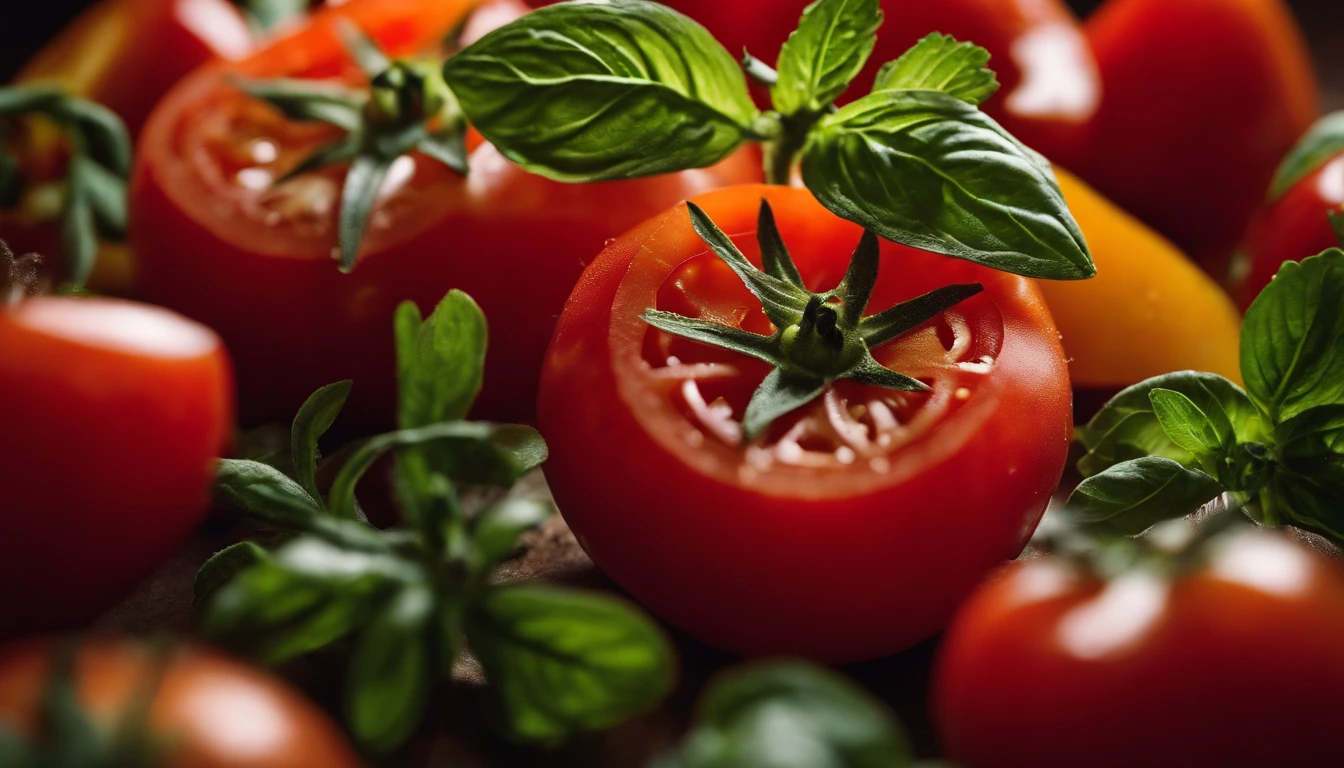 a high-angle shot of a tomato salad, featuring a variety of sliced tomatoes, fresh herbs, and other colorful ingredients, creating an appetizing and visually appealing composition