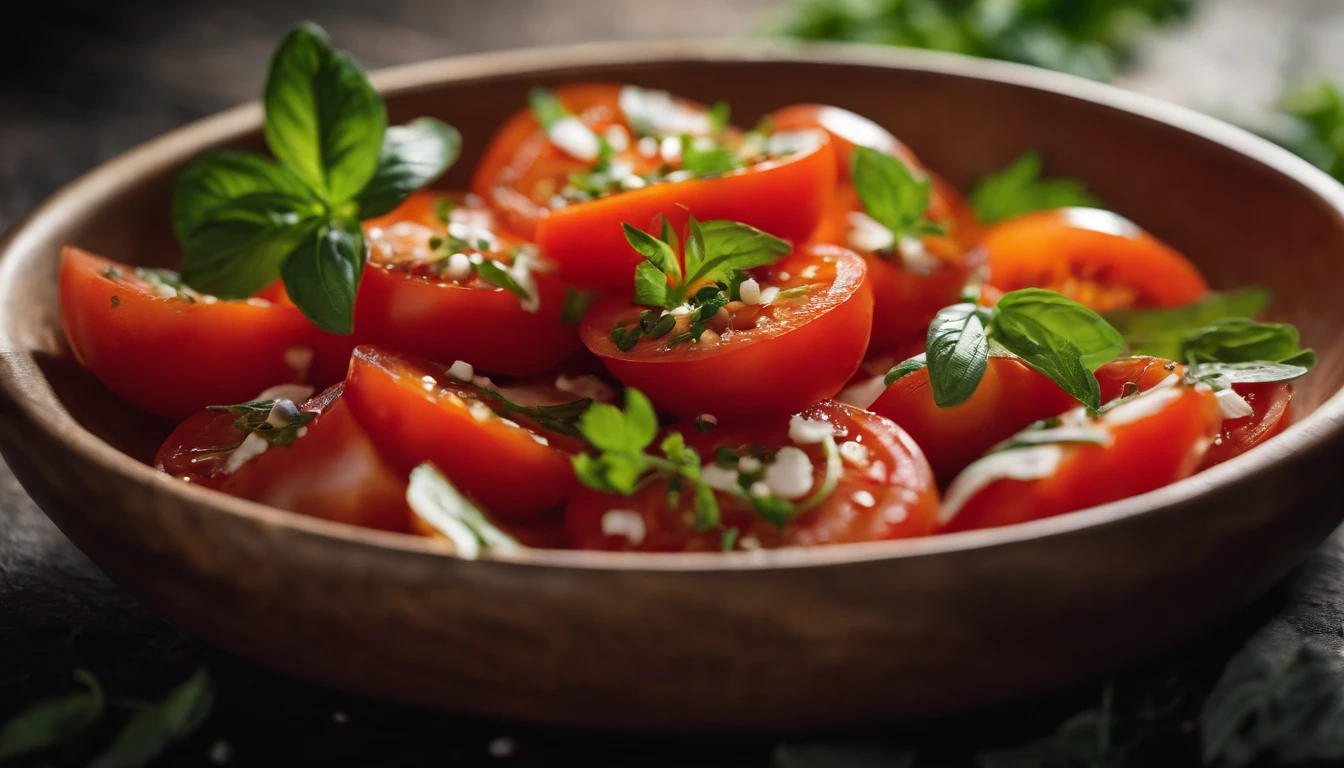 a high-angle shot of a tomato salad, featuring a variety of sliced tomatoes, fresh herbs, and other colorful ingredients, creating an appetizing and visually appealing composition