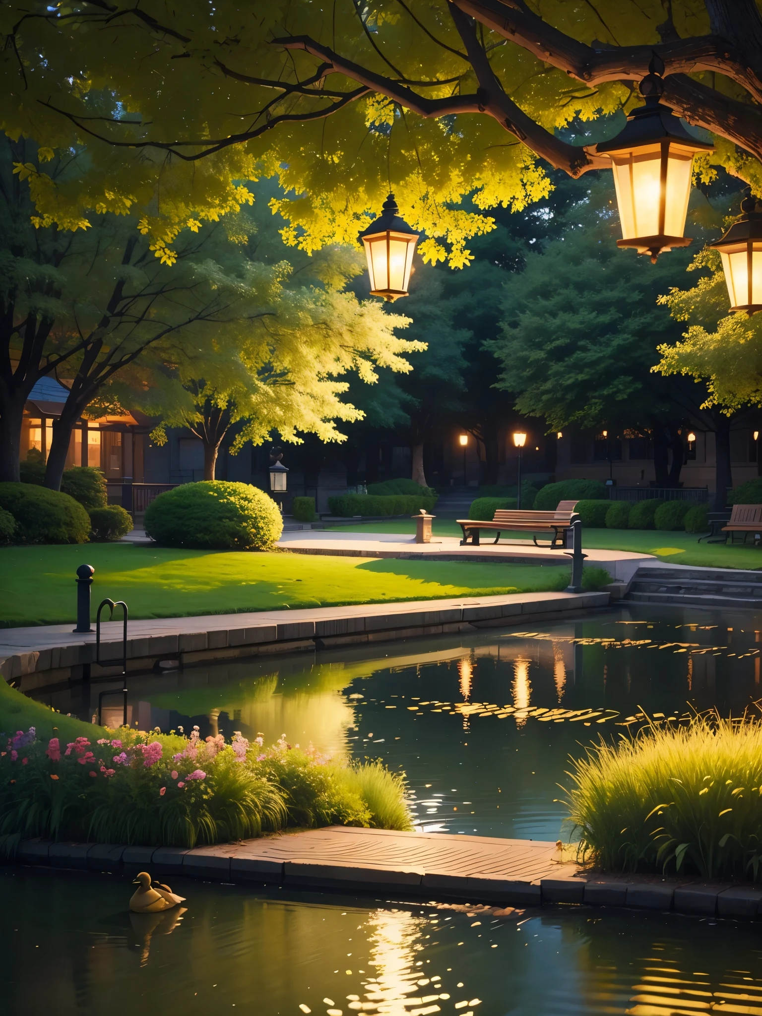 (Evening Park). Calm, Quiet street, small pond with ducks, lanterns, Benches, bower. summertime.