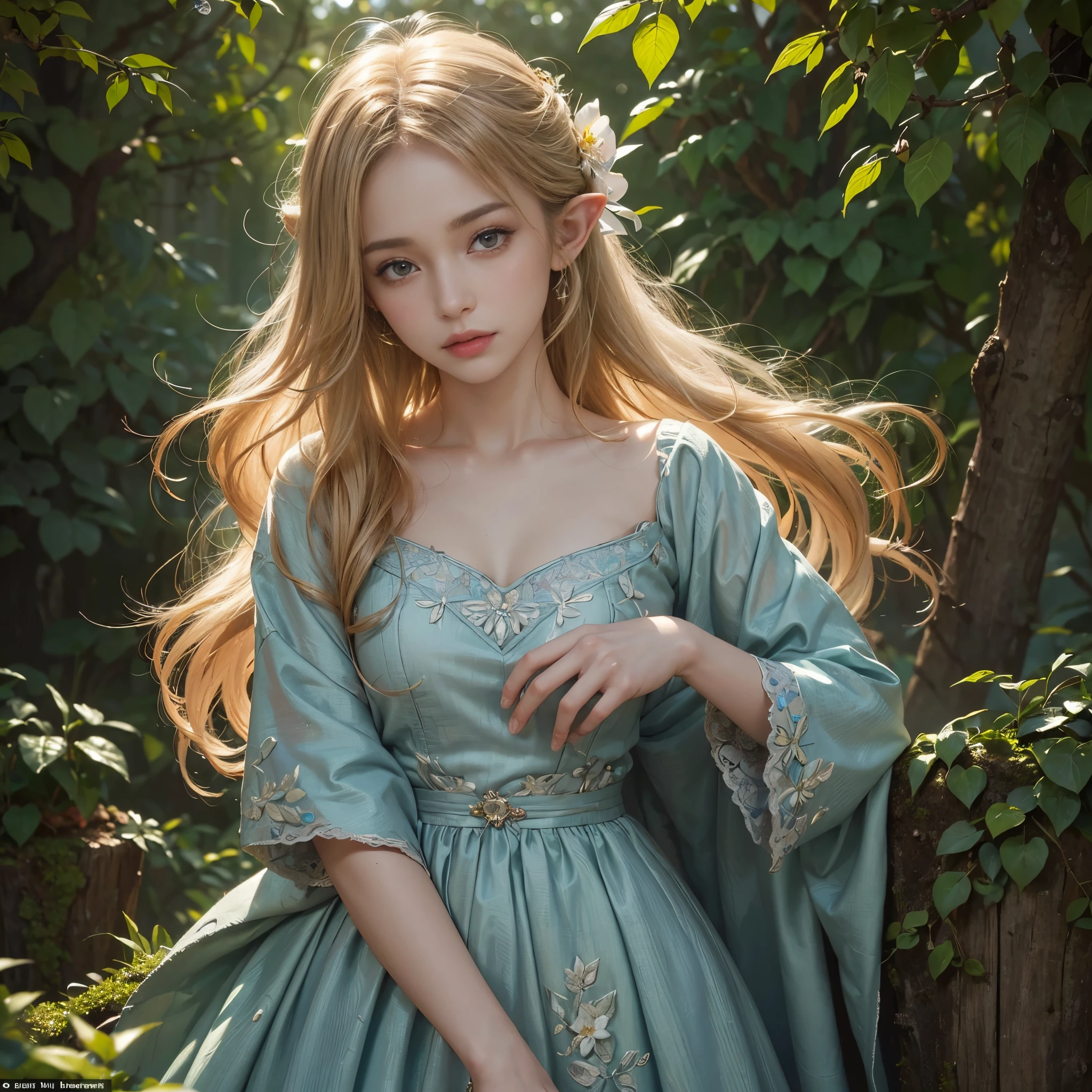 ((Quality: masterpiece, best quality, UHD, anatomically correct, photo realism, textured and detailed skin, skin pores, skin imperfections, textured and detailed hair, volumetric lighting)), whimsical and creative artist mature woman with a palette of vibrant colors, 30 year old woodland flower garden elf, blonde hair, bow and arrow, leaves and vines and flowers for clothes, detailed and intricate clothes
