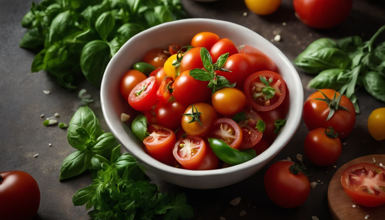 a high-angle shot of a tomato salad, featuring a variety of sliced tomatoes, fresh herbs, and other colorful ingredients, creating an appetizing and visually appealing composition