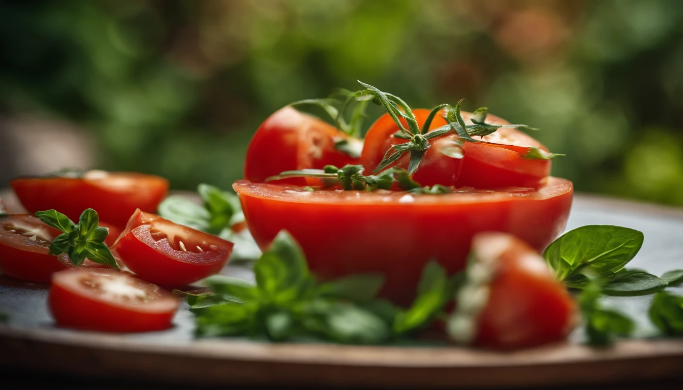 a high-angle shot of a tomato salad, featuring a variety of sliced tomatoes, fresh herbs, and other colorful ingredients, creating an appetizing and visually appealing composition