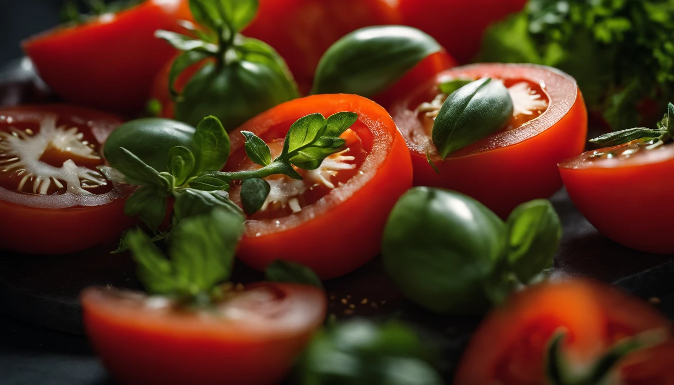 a high-angle shot of a tomato salad, featuring a variety of sliced tomatoes, fresh herbs, and other colorful ingredients, creating an appetizing and visually appealing composition