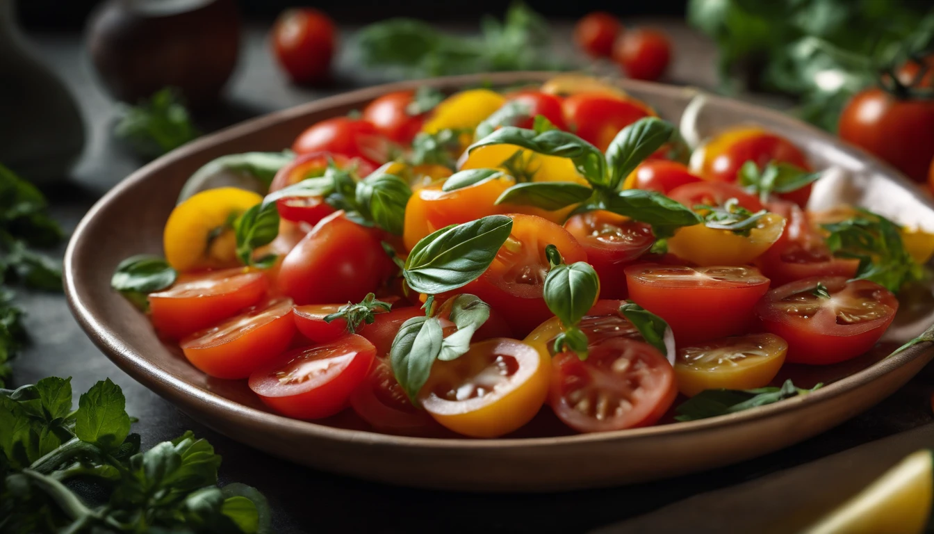 a high-angle shot of a tomato salad, featuring a variety of sliced tomatoes, fresh herbs, and other colorful ingredients, creating an appetizing and visually appealing composition