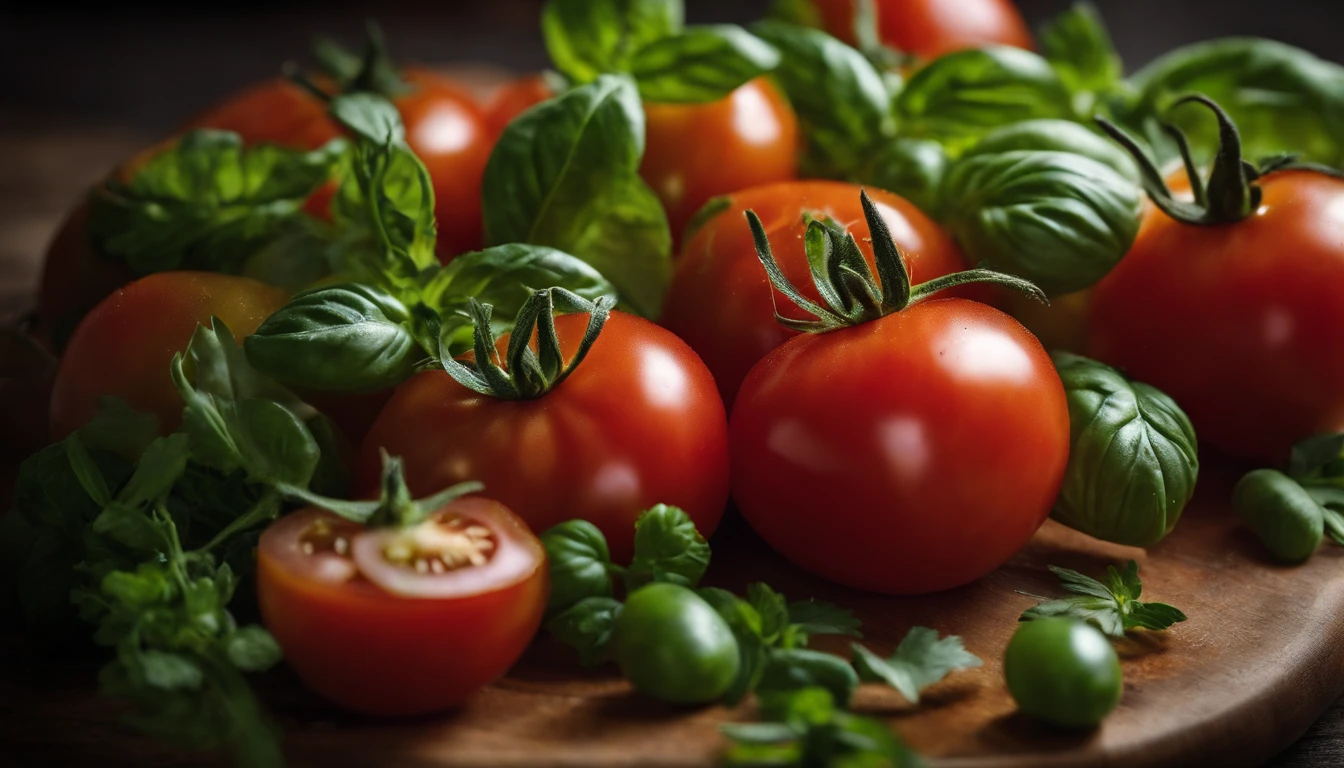 a high-angle shot of a tomato salad, featuring a variety of sliced tomatoes, fresh herbs, and other colorful ingredients, creating an appetizing and visually appealing composition