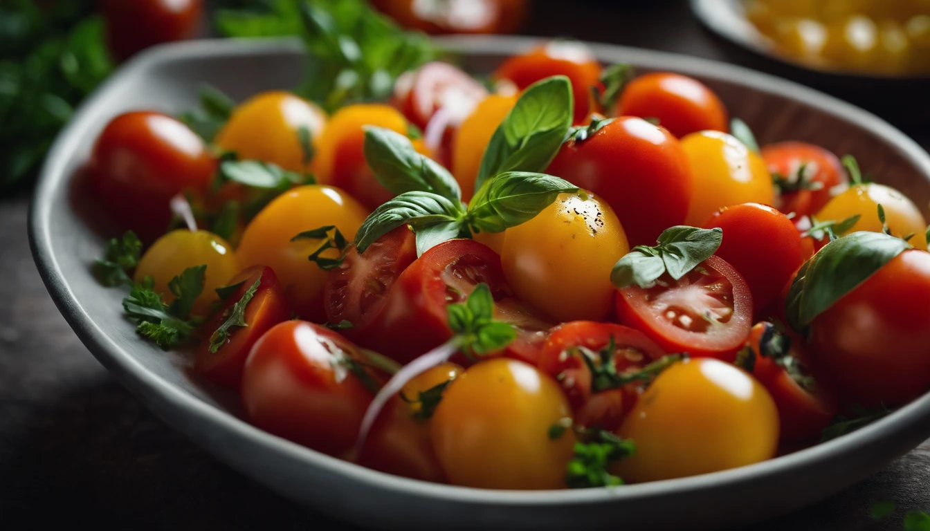 a high-angle shot of a tomato salad, featuring a variety of sliced tomatoes, fresh herbs, and other colorful ingredients, creating an appetizing and visually appealing composition