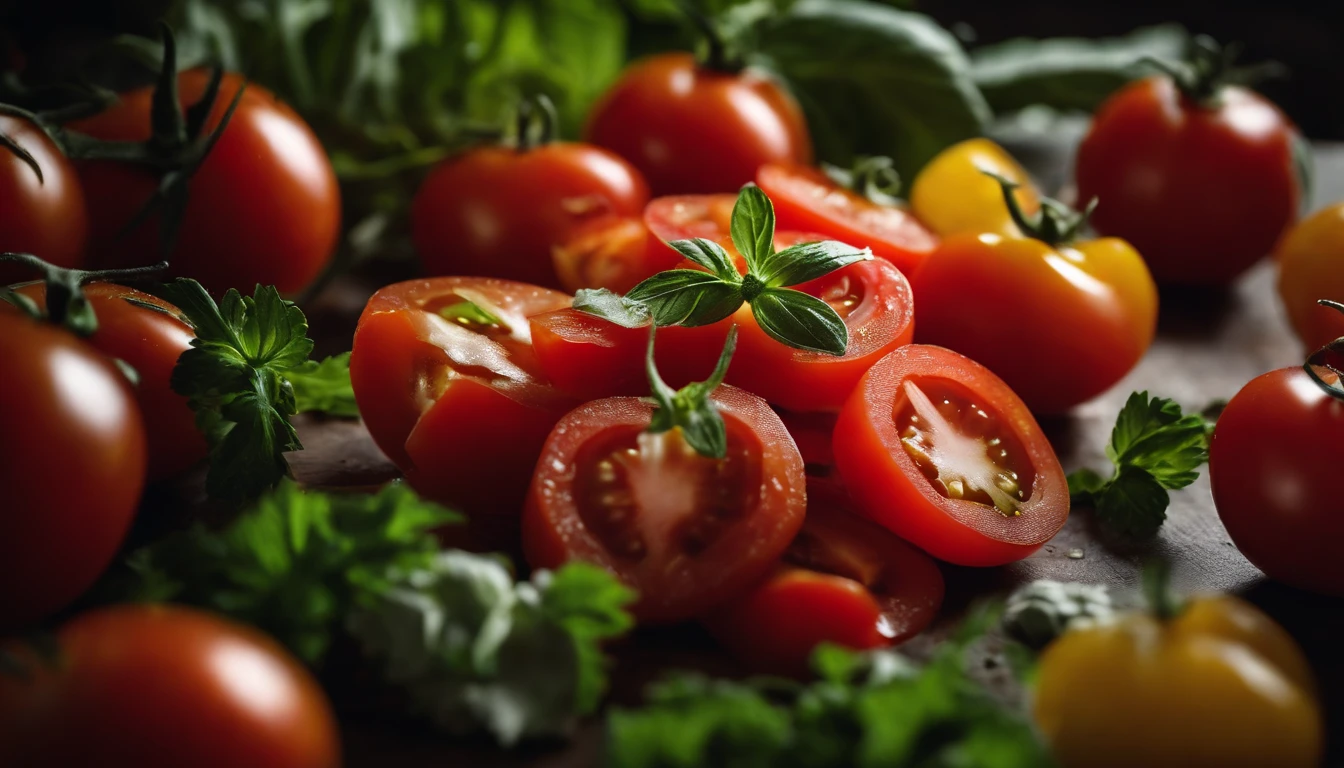 a high-angle shot of a tomato salad, featuring a variety of sliced tomatoes, fresh herbs, and other colorful ingredients, creating an appetizing and visually appealing composition