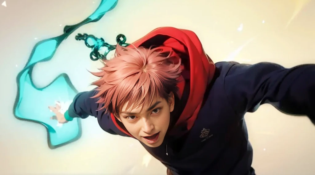 short-haired:1.5、male people:1.5、student clothes:1.5、Red hoodie、disheveled hairstyle、blue effect lighting、电影灯光、male people/1、Official art、Pink hair、PerfectNwsjMajic,(masterpiece、top-quality、top-quality、Official art、)、(1人male people)、ighly detailed、colourfull、highestdetailed、Official art、Unity 8k壁纸、ultra-detailliert、A detailed face、masterpiece、top-quality、(Zentangle、a Mandala、Tangles、Entanglement)、Holy Light、(A detailed eye)、Hair that flutters in the wind、、美しいA detailed face、