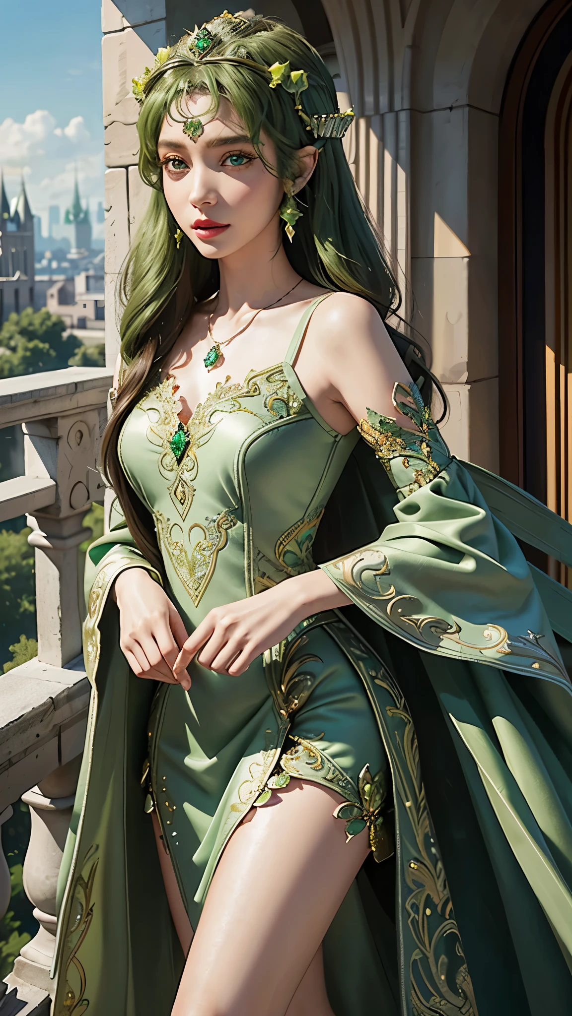 8k, masterpiece, 1 girl, beautiful face, very long hair, hair ornament, light makeup, detailed eyes, small breast, ultra detailed clothes, (green princess dress:1.5), lace:1.5, ((closed up)), necklace, jewellery, amazing balcony background,