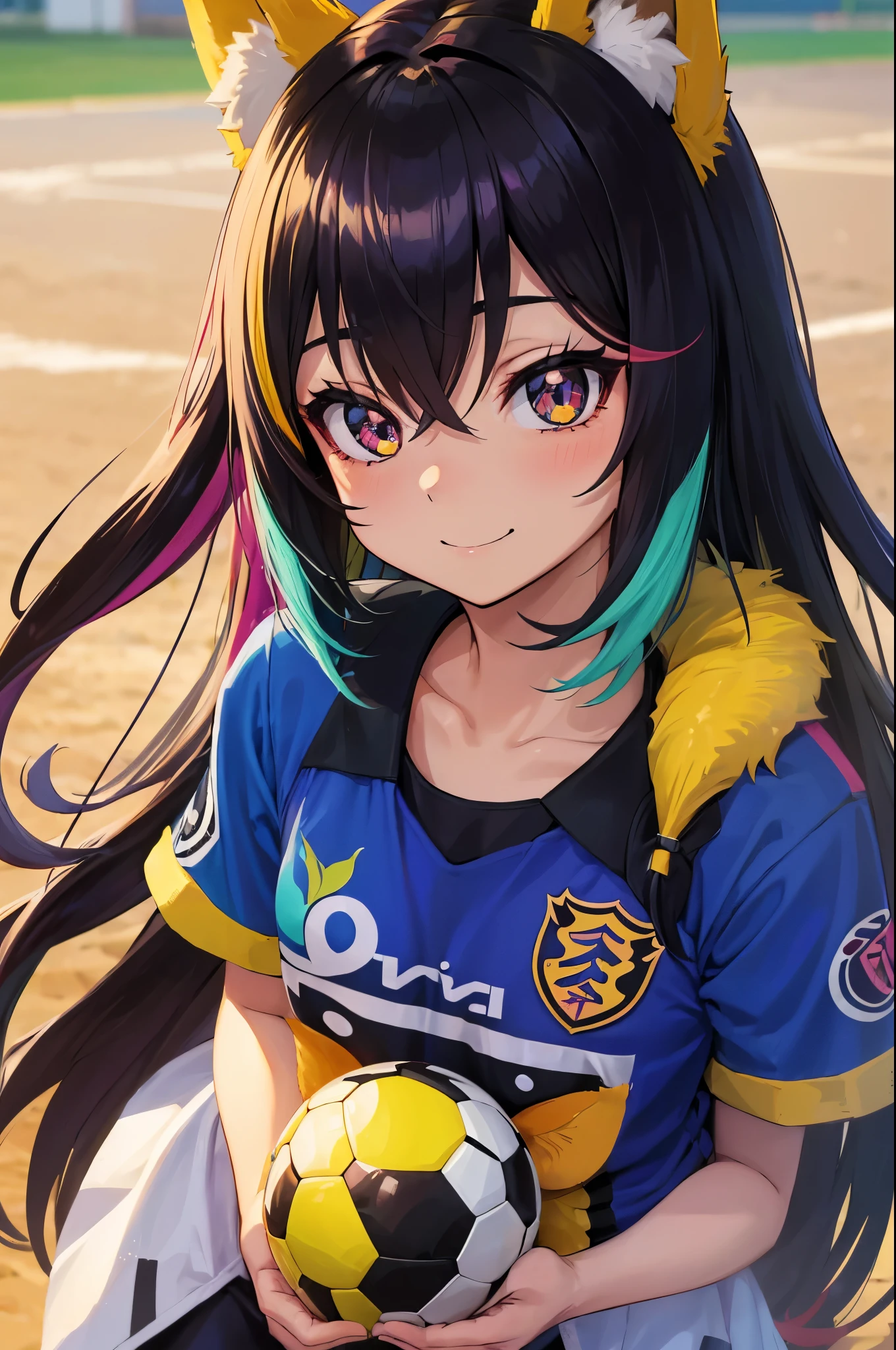 (obra-prima, melhor qualidade: 1.2), anime girl with fox ears, solo, foco feminino, sorriso, olhando para espectador, soccer uniform, campo de futebol, diamante, cabelo multicolorido, olhos multicoloridos
