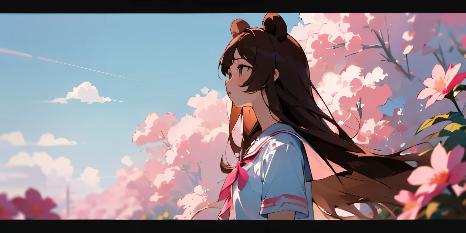 (masterpiece, best quality),1girl, bear ears, solo, flower, long hair, outdoors, letterboxed, day, sky, looking up, short sleeves, parted lips, shirt, cloud, brown hair, sunlight, serafuku, upper body, from side, pink flower, blue sky, depth of field
