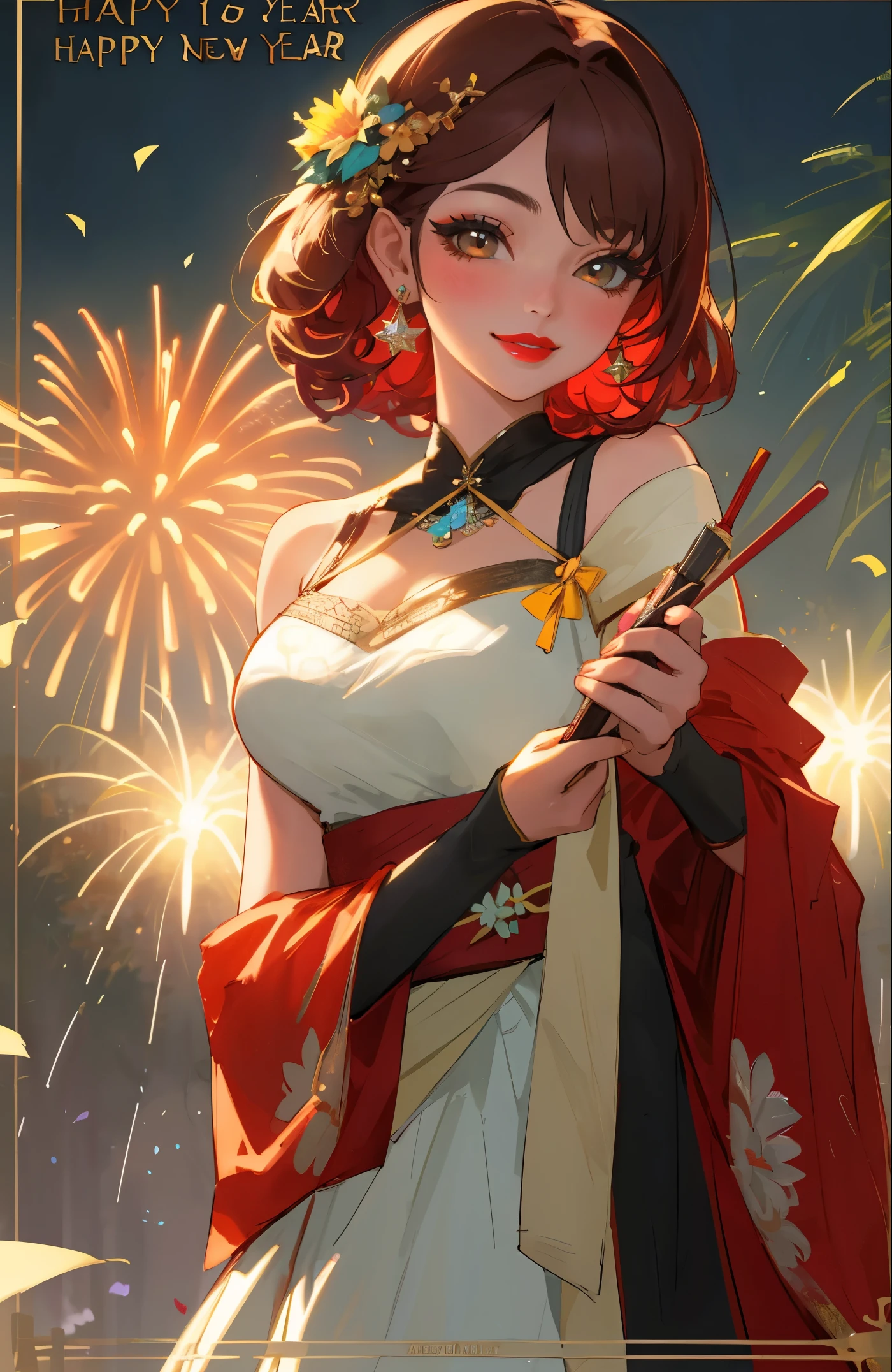 Best Quality, Masterpiece, Ultra HD, Ultra High Resolution, Ultra High Resolution, 16K Full HD New Year Poster, New Year Theme, 1 girl with saffron hair ornaments, earrings, red lips, beautiful face with delicate makeup, the girl even more beautiful, the girl is wearing a gorgeous costume with delicate and beautiful patterns on the costume, and colorful fireworks are blooming behind the girl, and the girl is looking at the camera with a happy smile