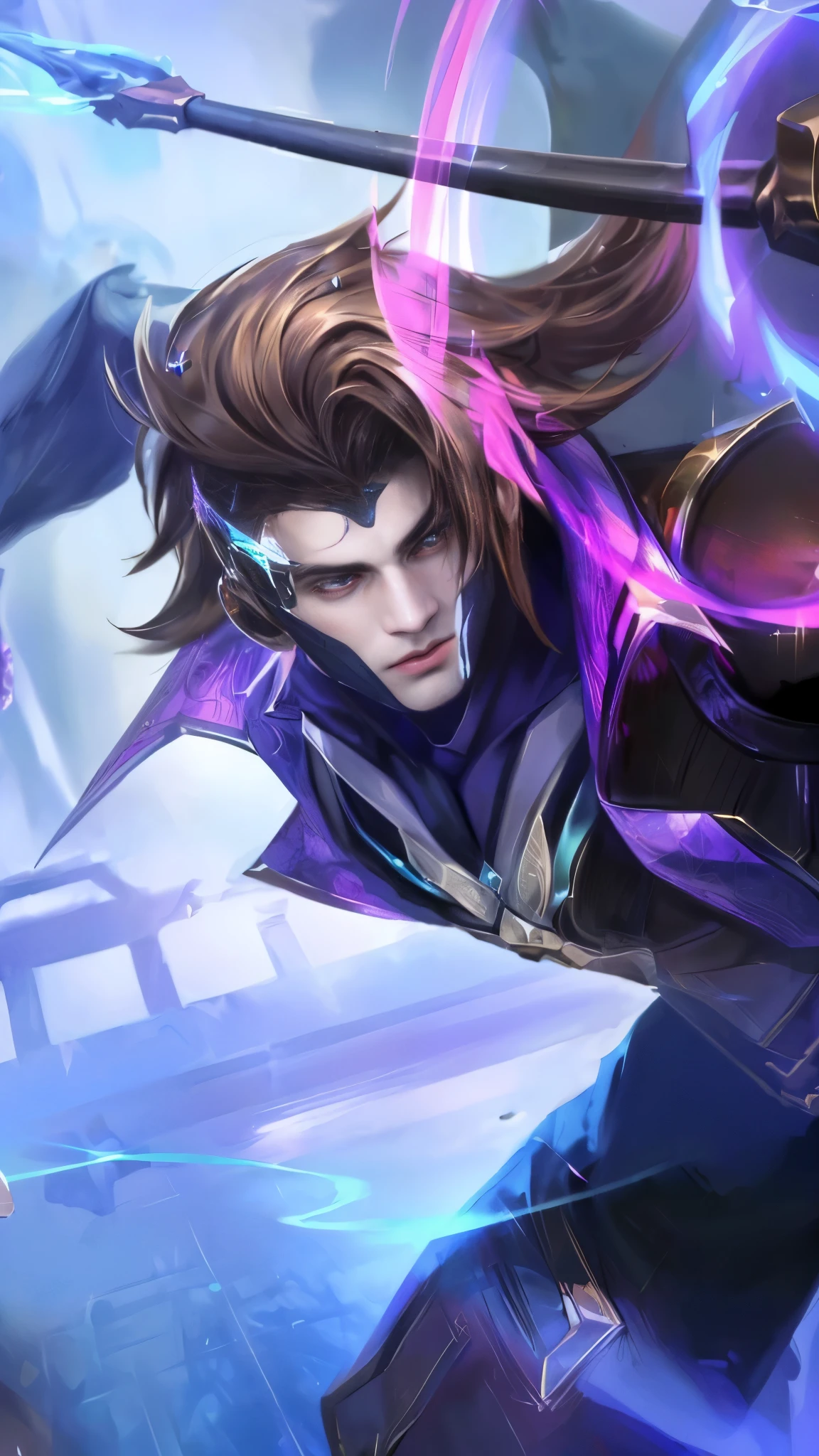 (Absurdres, Intricate Details, Masterpiece, Best Quality, High Resolution, 8k), 1 male, thin, young, aged up, masked, finely detailed eyes and face, auburn low-fade hair, amber eyes, portrait,  looking at viewer, solo, half shot, detailed background, (light fantasy theme:1.1),  focusing, mercenary,  sunshine, floating scraps,  color plate armor, divine aura, bright realistic lighting, marble castle, intense atmosphere, circlet, coat of arms,  brazier,  , Depth of Field, VFX, masculine male, masterpiece, ((perfect eyeest quality, (semirealism:1.9), beautiful lighting, (extremely detailed CG unity 4k fhd wallpaper), High Detail, Sharp focus, dramatic outdoors, 1 boy ,19 years old, brown hair, light purpel eyes.