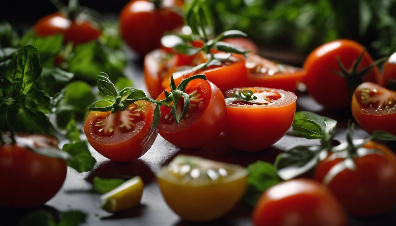 a high-angle shot of a tomato salad, featuring a variety of sliced tomatoes, fresh herbs, and other colorful ingredients, creating an appetizing and visually appealing composition