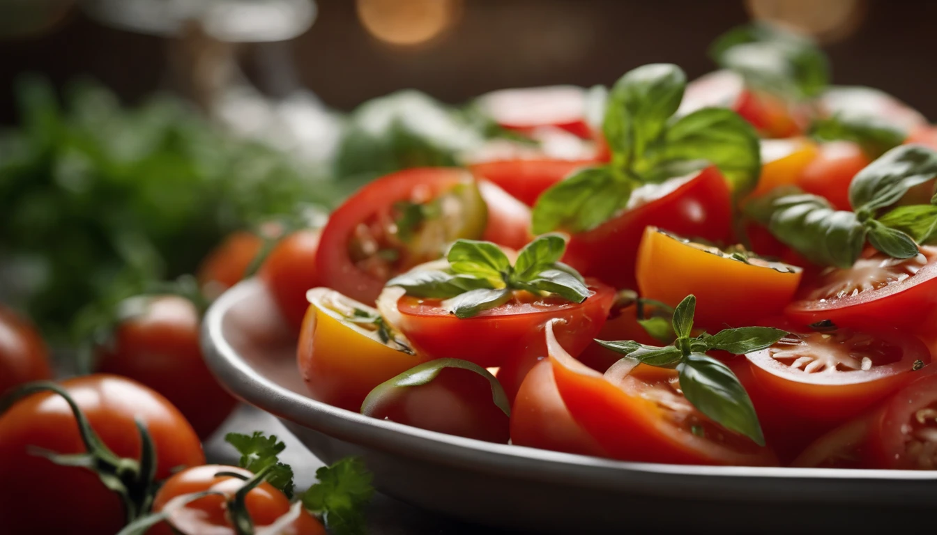 a high-angle shot of a tomato salad, featuring a variety of sliced tomatoes, fresh herbs, and other colorful ingredients, creating an appetizing and visually appealing composition