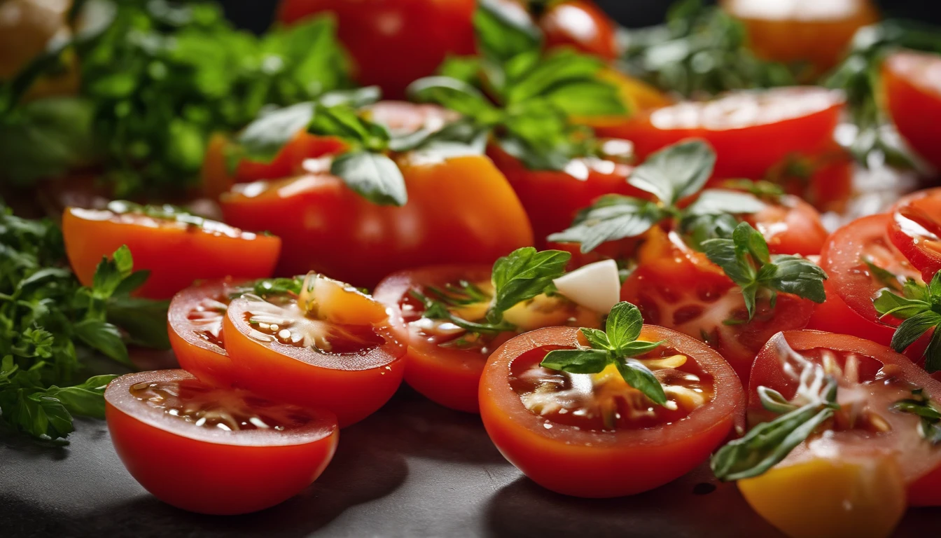 a high-angle shot of a tomato salad, featuring a variety of sliced tomatoes, fresh herbs, and other colorful ingredients, creating an appetizing and visually appealing composition