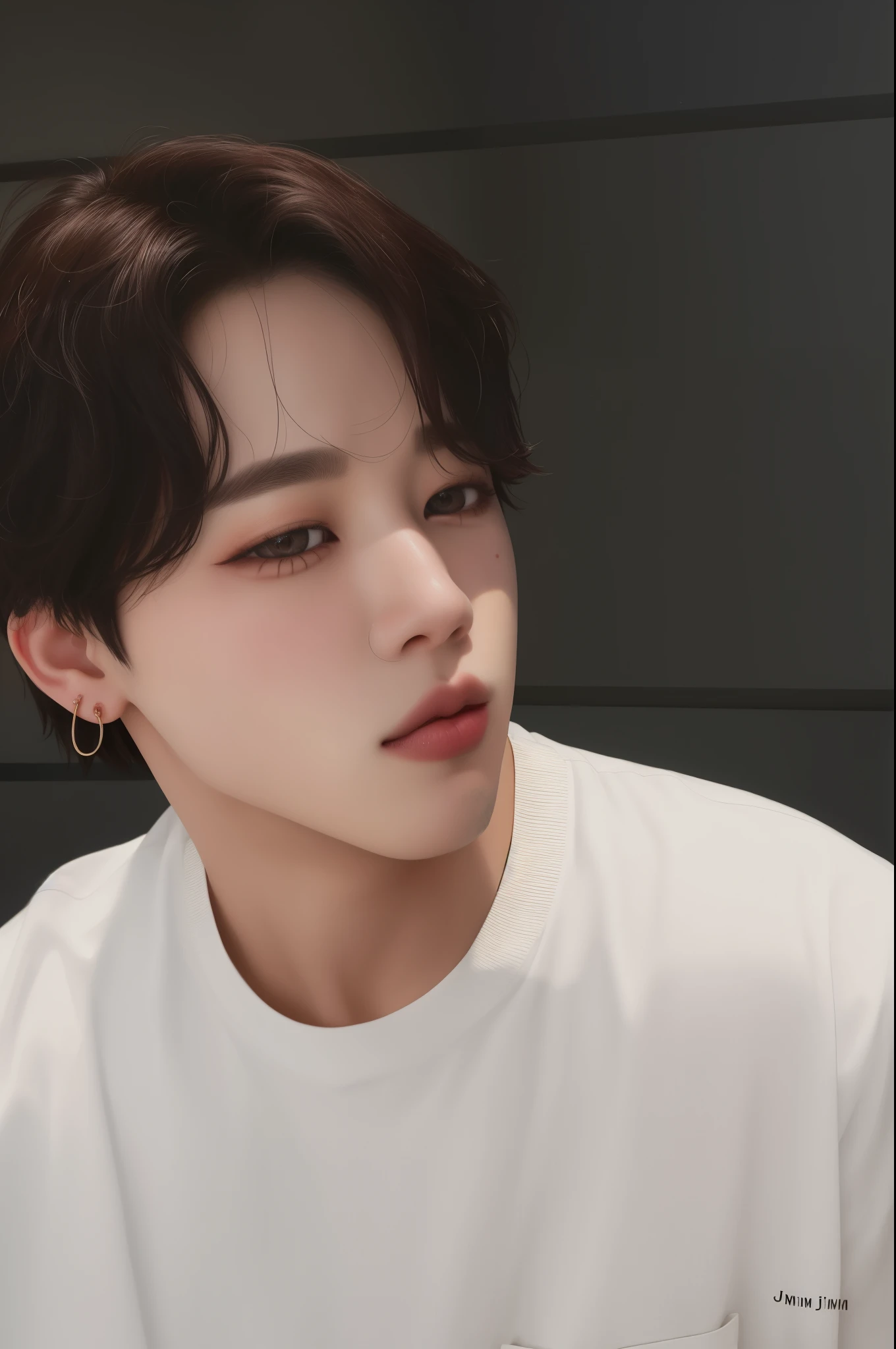 park jimin com uma camisa branca e piercings nas orelhas, Jimin\Plump lips, Jimin\'s right eyelid swollen, Jimin\Nariz grego, accurate Jimin face, park Jimin, Jimin, Retrato de jimin do bts, Artista coreano, delicate androgynous prince