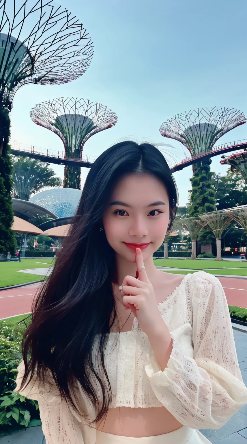 1girl, smile, Instagram girl, Instagram style, (indistinguishable from reality:1.4) (8k, masterpiece, best quality, ultra-detailed), surreal gradient contemporary, nature, photography, photography-color, portraits, vibrant (lofi, analog, kodak film), detailed intricate hair, Instagram photo, background gardens by the Bay, singapore, bigogirl02, 5finger