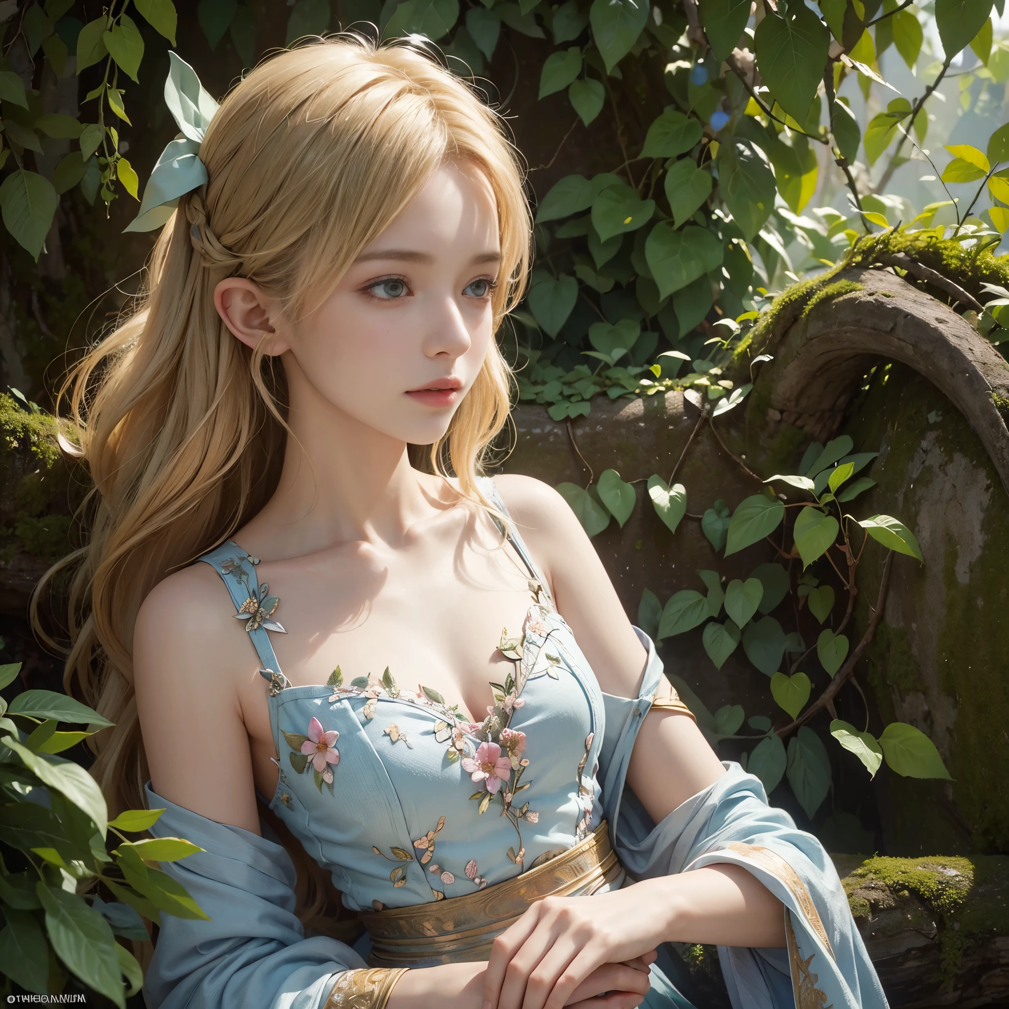 ((Quality: masterpiece, best quality, UHD, anatomically correct, photo realism, textured and detailed skin, skin pores, skin imperfections, textured and detailed hair, volumetric lighting)), whimsical and creative artist mature woman with a palette of vibrant colors, 30 year old woodland flower garden elf, blonde hair, bow and arrow, leaves and vines and flowers for clothes, detailed and intricate clothes
