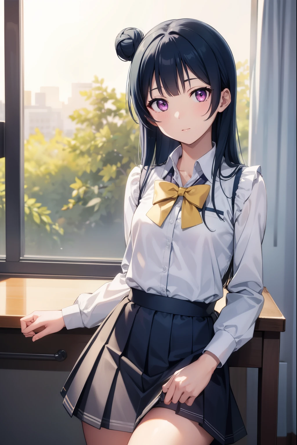 yoshikotsushima, yoshiko tsushima, blue hair, hair bun, (purple eyes:1.1), single side bun, bangs, long hair, (small breast:1.2),
BREAK bow, bowtie, buttons, grey skirt, long sleeves, pleated skirt, school uniform, serafuku, skirt, uranohoshi school uniform, yellow bow, yellow bowtie, sleeveless,
BREAK looking at viewer, 
BREAK indoors, classroom,
BREAK (masterpiece:1.2), best quality, high resolution, unity 8k wallpaper, (illustration:0.8), (beautiful detailed eyes:1.6), extremely detailed face, perfect lighting, extremely detailed CG, (perfect hands, perfect anatomy),