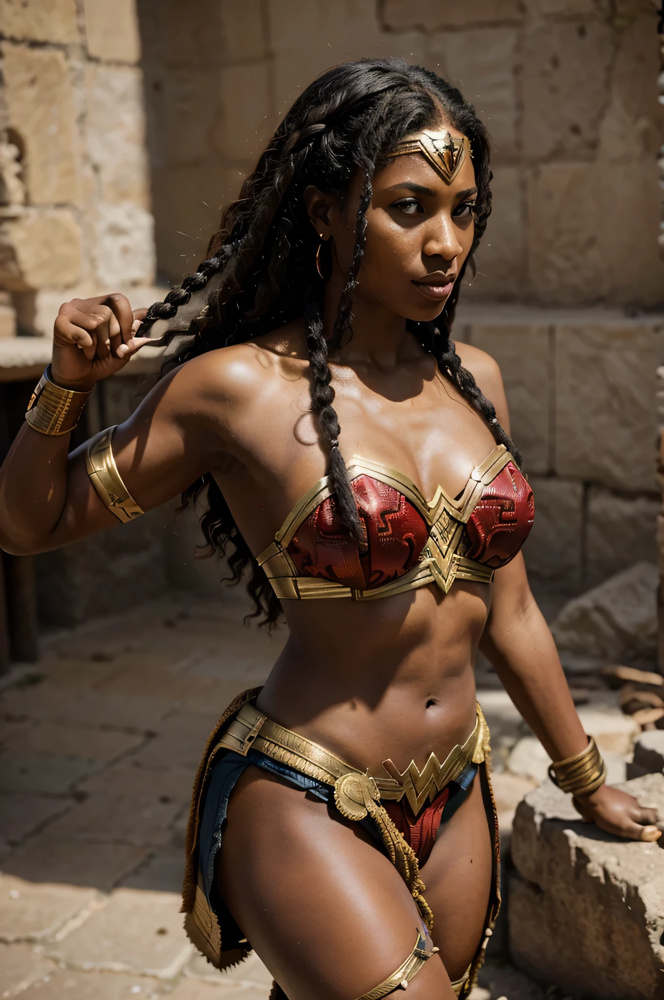 Wonder Woman in the black and African version would be a powerful and inspiring warrior, with physical and cultural characteristics that reflect African heritage. Ela teria uma pele de tom escuro e radiante, curly or braided hair, and expressive eyes that reflect the strength and wisdom of your lineage. His armor and attire would be adorned with African motifs and patterns..., utilizando cores vibrantes e simbolismo que representam a rica cultura do continente. She would carry with her weapons and artifacts inspired by African history and mythology, showing their connection to the traditions and legends of their land. In addition to his physical strength and combat skills, African Wonder Woman would also be an advocate for justice and equality, combat oppression and promote harmony among people. Its origin story may be linked to African myths and legends, highlighting your connection to nature and ancestral spirits.