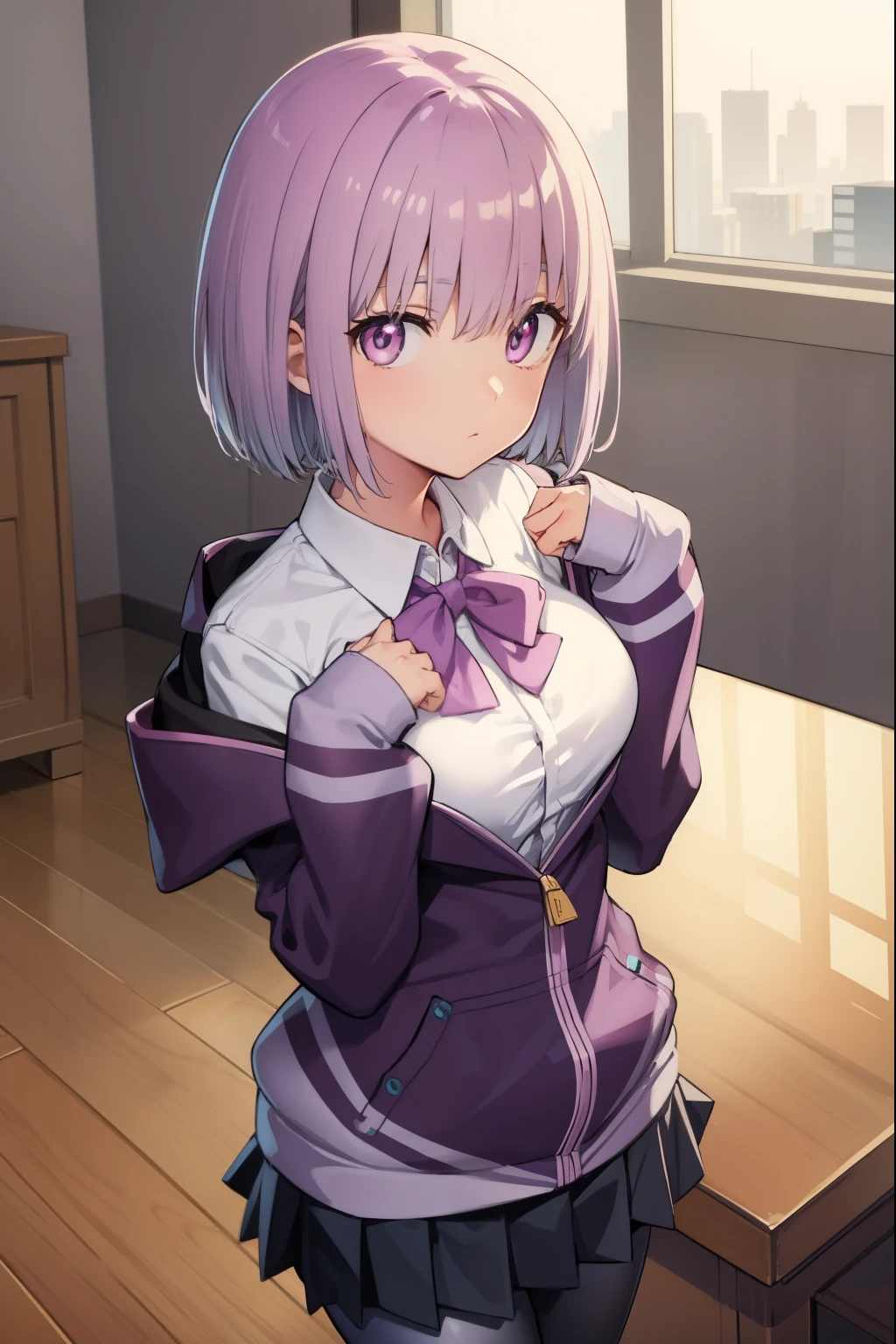 akaneshinjou, shinjou akane, light purple hair, (pink eyes:1.2), short hair,
BREAK black pantyhose, bow, collared shirt, hood, hooded jacket, jacket, open clothes, open jacket, open shirt, pantyhose, purple bow, purple jacket, school uniform, shirt, sleeves past wrists, unbuttoned shirt, white shirt,
BREAK indoors, city,
BREAK looking at viewer, BREAK (masterpiece:1.2), best quality, high resolution, unity 8k wallpaper, (illustration:0.8), (beautiful detailed eyes:1.6), extremely detailed face, perfect lighting, extremely detailed CG, (perfect hands, perfect anatomy),