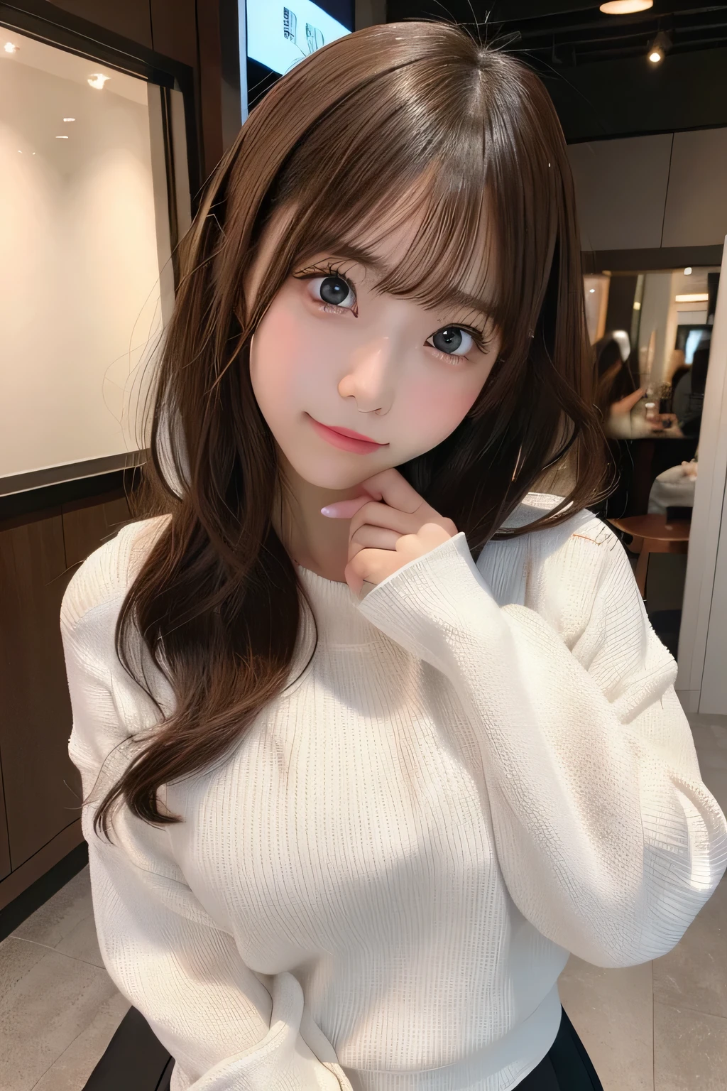 masutepiece, Best Quality, Illustration, Ultra-detailed, finely detail, hight resolution, 8K Wallpaper, Perfect dynamic composition, Beautiful detailed eyes, Winter clothes,Medium Hair、Colossal tits, Brown hair,Natural Color Lip, Harajuku、17 years old girl、Cute、Show the camera your sexy look,Face that feels ecstasy,blur backgroun、nogizaka、Beautiful black eyes:1.3、17-year-old schoolgirl、