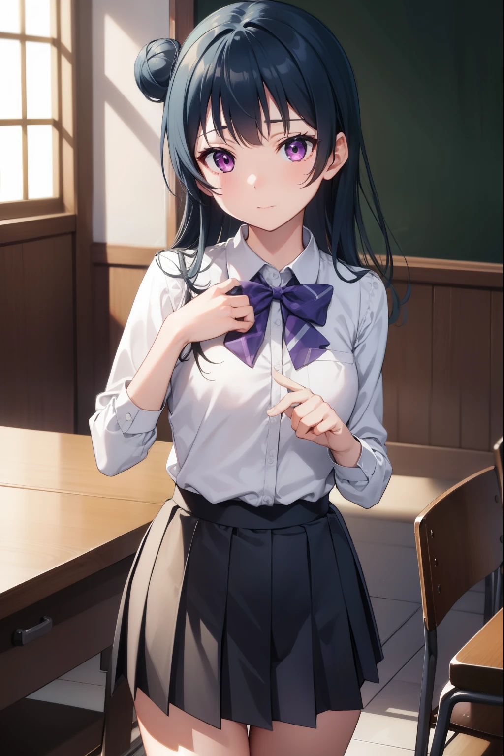 yoshikotsushima, yoshiko tsushima, blue hair, hair bun, (purple eyes:1.1), single side bun, bangs, long hair, (small breast:1.2),
BREAK bow, bowtie, buttons, grey skirt, long sleeves, pleated skirt, school uniform, serafuku, skirt, uranohoshi school uniform, yellow bow, yellow bowtie, sleeveless,
BREAK looking at viewer, 
BREAK indoors, classroom,
BREAK (masterpiece:1.2), best quality, high resolution, unity 8k wallpaper, (illustration:0.8), (beautiful detailed eyes:1.6), extremely detailed face, perfect lighting, extremely detailed CG, (perfect hands, perfect anatomy),