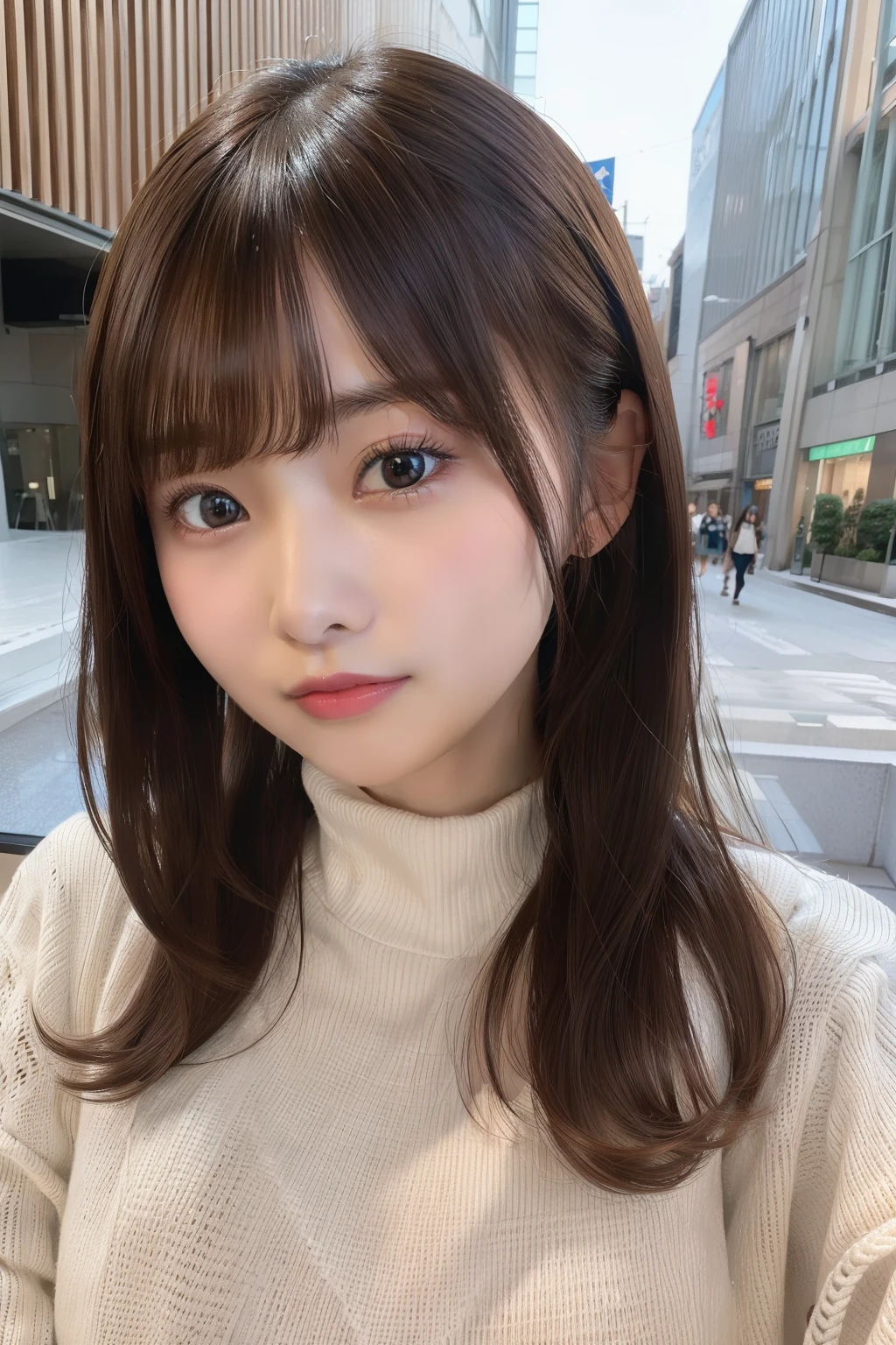 masutepiece, Best Quality, Illustration, Ultra-detailed, finely detail, hight resolution, 8K Wallpaper, Perfect dynamic composition, Beautiful detailed eyes, Winter clothes,Medium Hair、Colossal tits, Brown hair,Natural Color Lip, Harajuku、 girl、Cute、Show your sexy look to the camera,Face that feels ecstasy,blur backgroun、nogizaka、Beautiful black eyes:1.3、17-year-old schoolgirl、