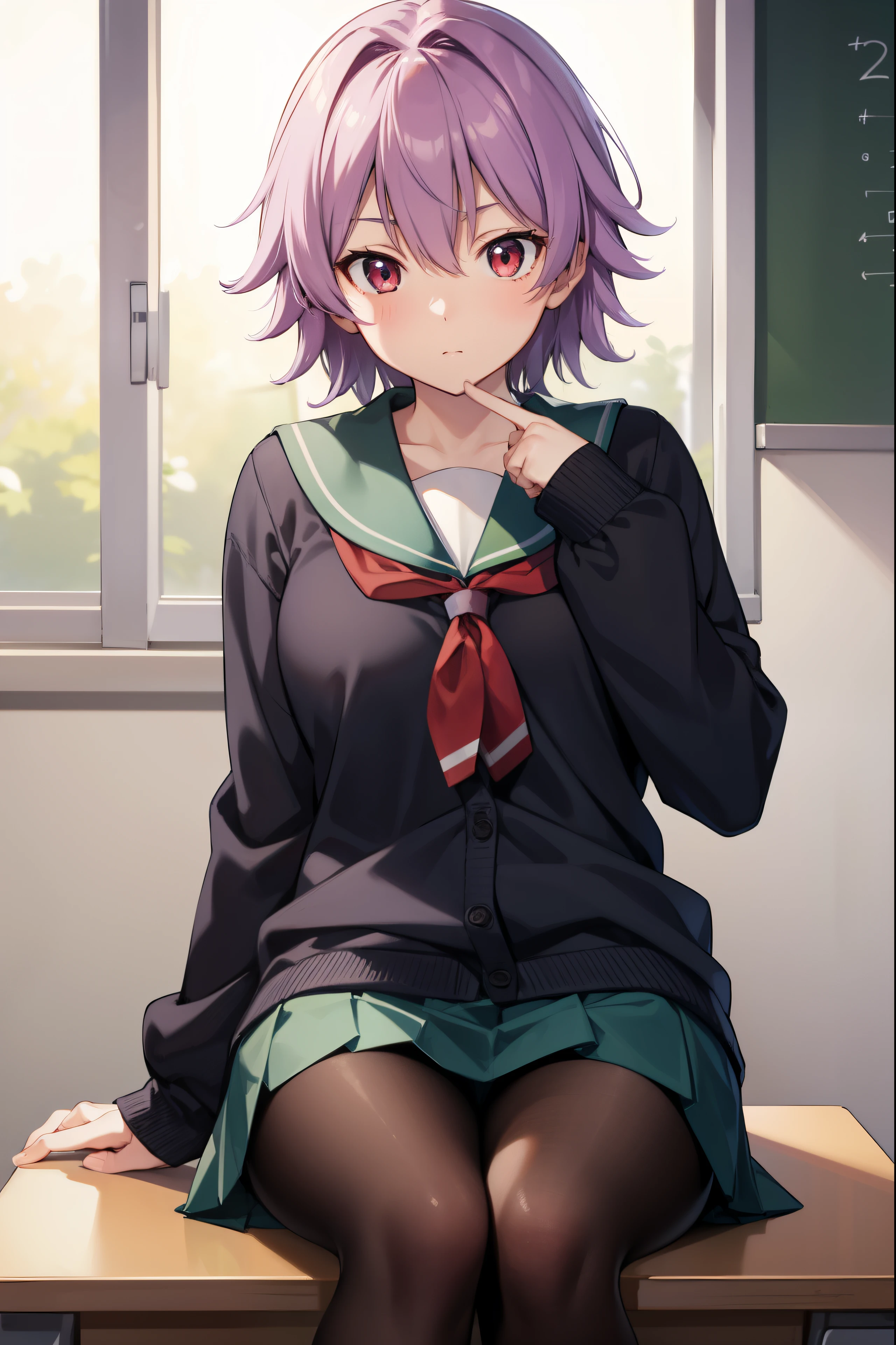 kantaitama, tama, hair between eyes, purple hair, short hair, (red eyes:1.5),
BREAK school uniform, serafuku, sailor collar, green sailor collar, cardigan, black cardigan, long sleeves, skirt, green skirt, pleated skirt, pantyhose, black pantyhose,
BREAK looking at viewer, full body,
BREAK indoors, classroom,
BREAK (masterpiece:1.2), best quality, high resolution, unity 8k wallpaper, (illustration:0.8), (beautiful detailed eyes:1.6), extremely detailed face, perfect lighting, extremely detailed CG, (perfect hands, perfect anatomy),