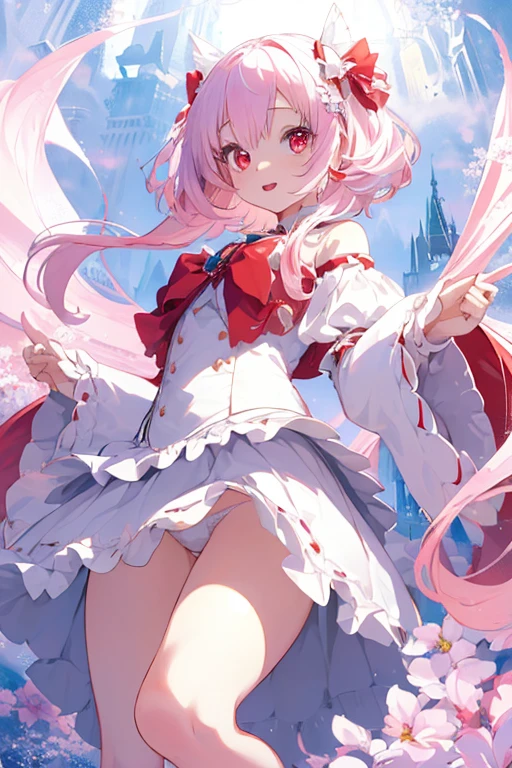 (skirt lift, self lift, white panties:1.2) BREAK beautiful illustration, best quality, cute petit girl, (transform sequence), transform magical girl, chibi, white magical girl, fractal art, albino, babyface, long pink hair, beautiful detailed red eyes, cinematic lighting, looking at viewer, happy, from below
