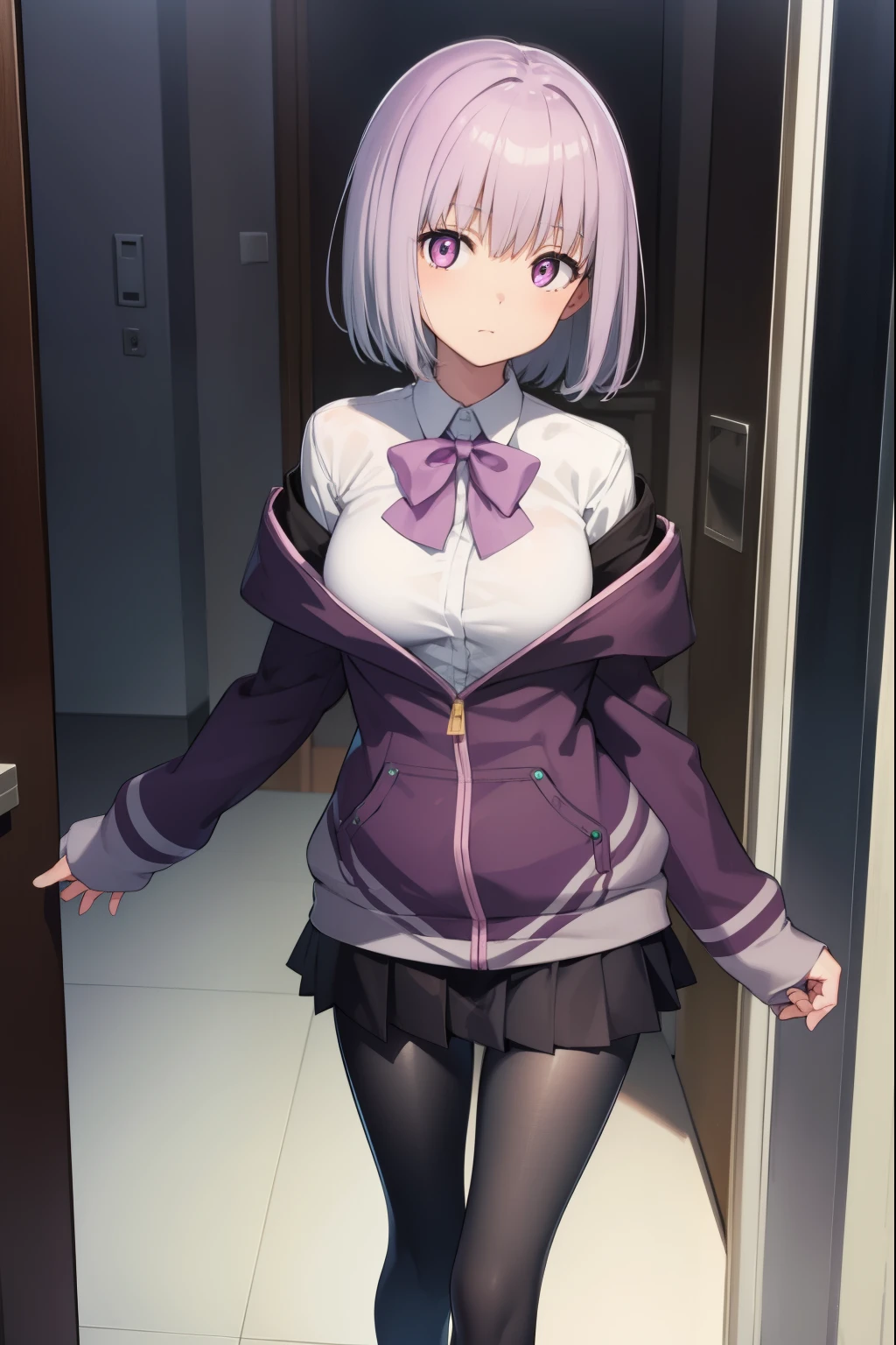 akaneshinjou, shinjou akane, light purple hair, (pink eyes:1.2), short hair,
BREAK black pantyhose, bow, collared shirt, hood, hooded jacket, jacket, open clothes, open jacket, open shirt, pantyhose, purple bow, purple jacket, school uniform, shirt, sleeves past wrists, unbuttoned shirt, white shirt,
BREAK indoors, city,
BREAK looking at viewer, BREAK (masterpiece:1.2), best quality, high resolution, unity 8k wallpaper, (illustration:0.8), (beautiful detailed eyes:1.6), extremely detailed face, perfect lighting, extremely detailed CG, (perfect hands, perfect anatomy),