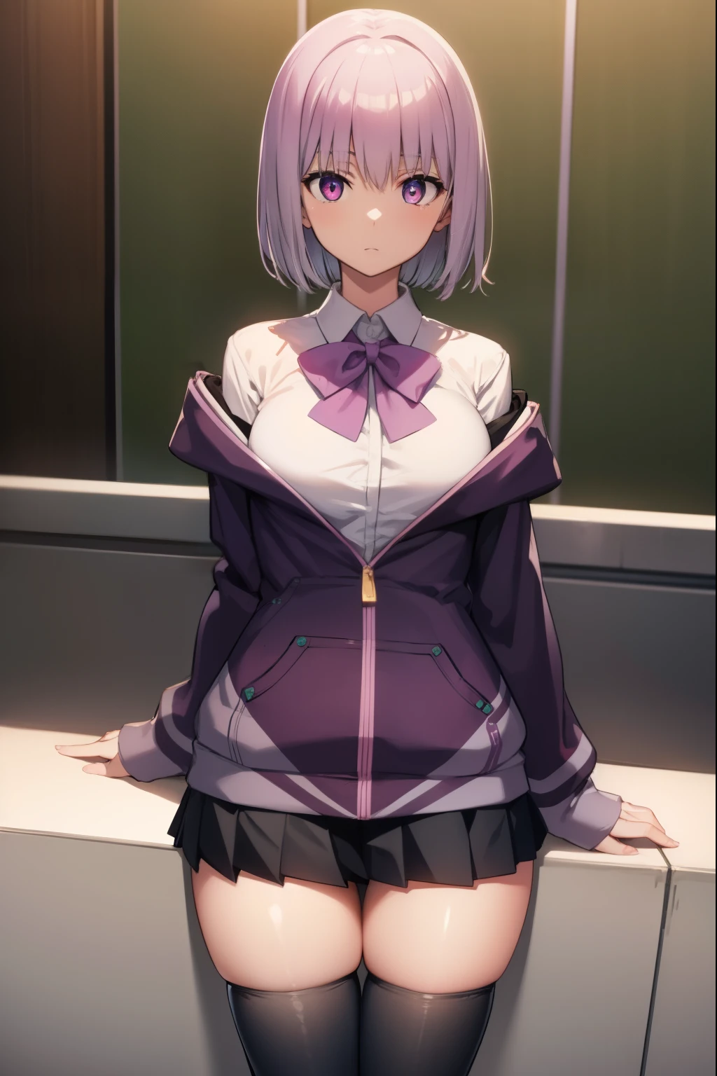 akaneshinjou, shinjou akane, light purple hair, (pink eyes:1.2), short hair,
BREAK black pantyhose, bow, collared shirt, hood, hooded jacket, jacket, open clothes, open jacket, open shirt, pantyhose, purple bow, purple jacket, school uniform, shirt, sleeves past wrists, unbuttoned shirt, white shirt,
BREAK indoors, city,
BREAK looking at viewer, BREAK (masterpiece:1.2), best quality, high resolution, unity 8k wallpaper, (illustration:0.8), (beautiful detailed eyes:1.6), extremely detailed face, perfect lighting, extremely detailed CG, (perfect hands, perfect anatomy),