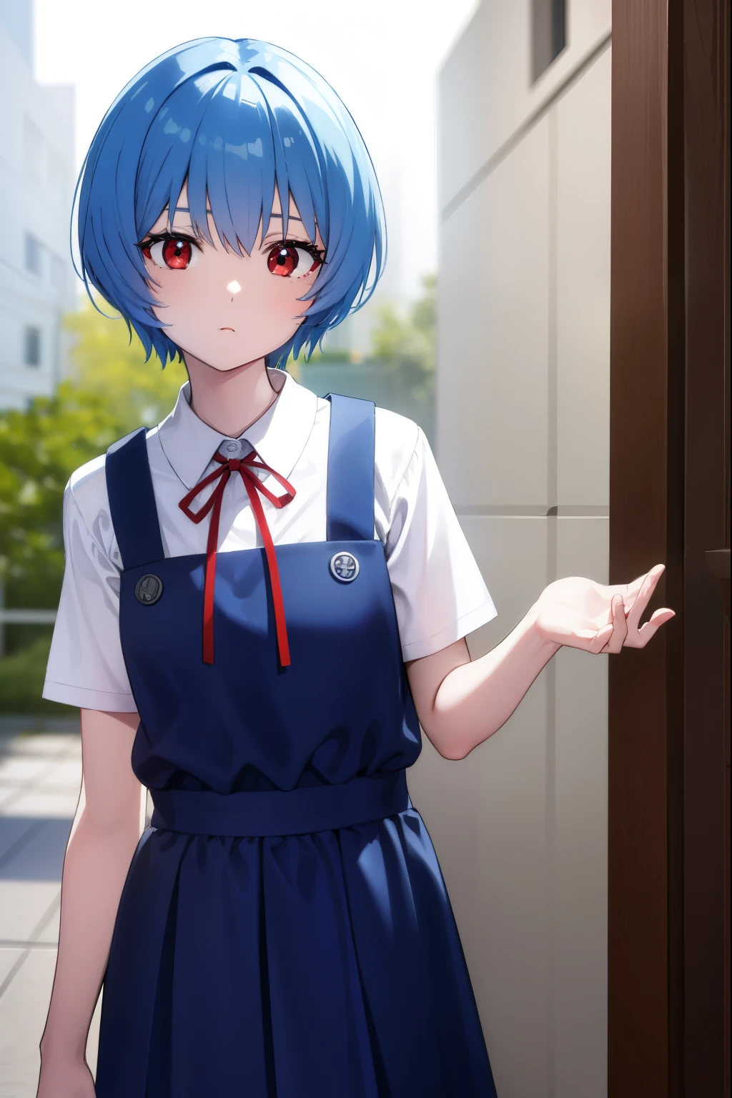 reiayanami, rei ayanami, blue hair, short hair, (red eyes:1.5),
BREAK blue dress, dress, neck ribbon, pinafore dress, red ribbon, ribbon, school uniform, short sleeves, short-sleeved sweater, sweater,
BREAK outdoors, city,
BREAK looking at viewer,
BREAK (masterpiece:1.2), best quality, high resolution, unity 8k wallpaper, (illustration:0.8), (beautiful detailed eyes:1.6), extremely detailed face, perfect lighting, extremely detailed CG, (perfect hands, perfect anatomy),