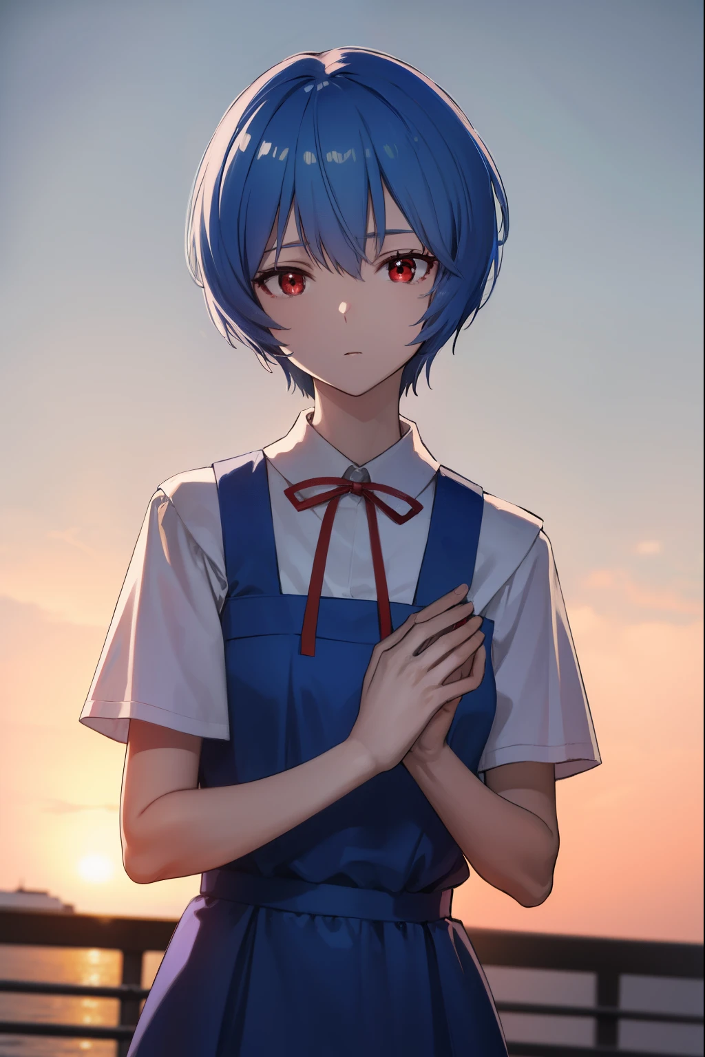 reiayanami, rei ayanami, blue hair, short hair, (red eyes:1.5),
BREAK blue dress, dress, neck ribbon, pinafore dress, red ribbon, ribbon, school uniform, short sleeves, short-sleeved sweater, sweater,
BREAK outdoors, city,
BREAK looking at viewer, 
BREAK (masterpiece:1.2), best quality, high resolution, unity 8k wallpaper, (illustration:0.8), (beautiful detailed eyes:1.6), extremely detailed face, perfect lighting, extremely detailed CG, (perfect hands, perfect anatomy),