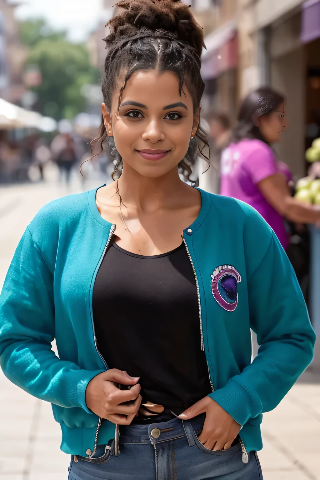 Photo of beautiful Caucasian woman, Zazie fotorrealista, Rastas, absurdos, (en la plaza de mercado comprando un gajo de uvas morada) ((blusa azul celeste sexy con chaqueta, clima frio, ropa de trabajo))