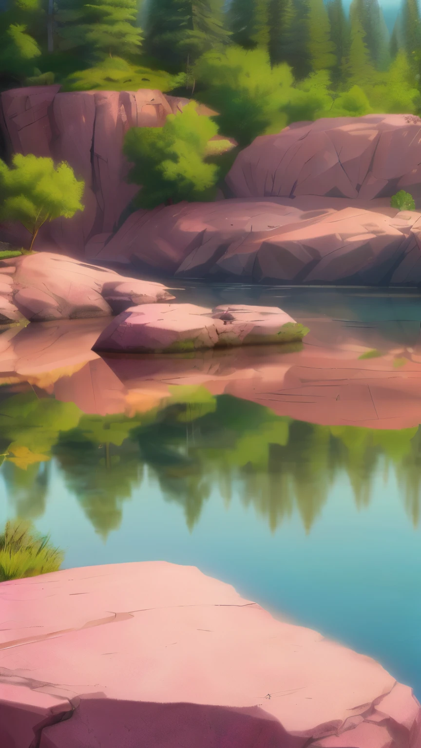 Pink Panther ((Aggressive), in an attacking position, Rocks and lake around, Highly detailed natural environments, high picture quality, hyper realistic, cienatic look, HD в 32k--ar 3:2 - cartoon style, draw