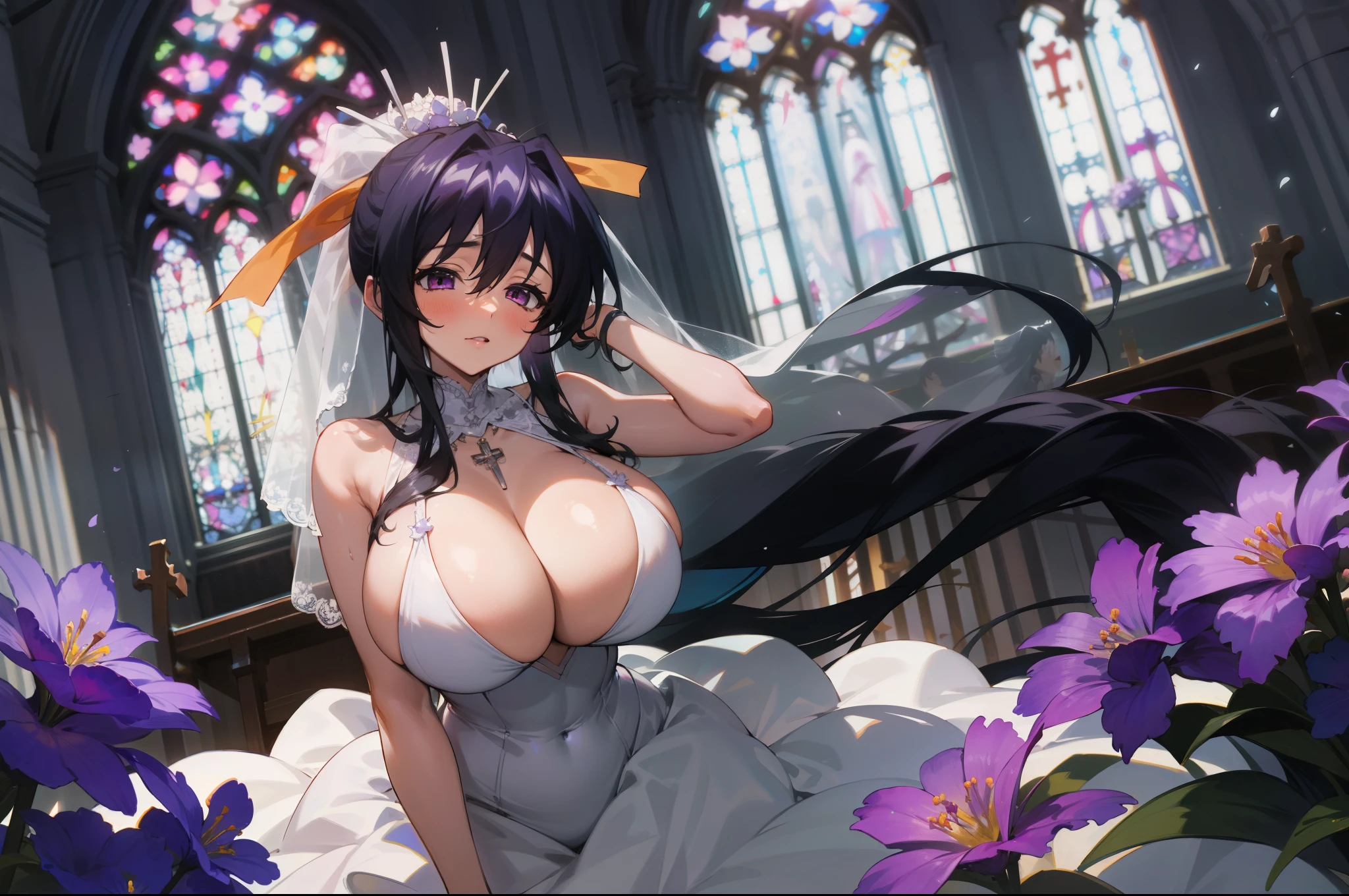 (1girl), himejima_akeno, black hair, ponytail, ((very long hair)), ribbon,), huge tits, purple Flowers, in a wedding dress, church, bridal veil,