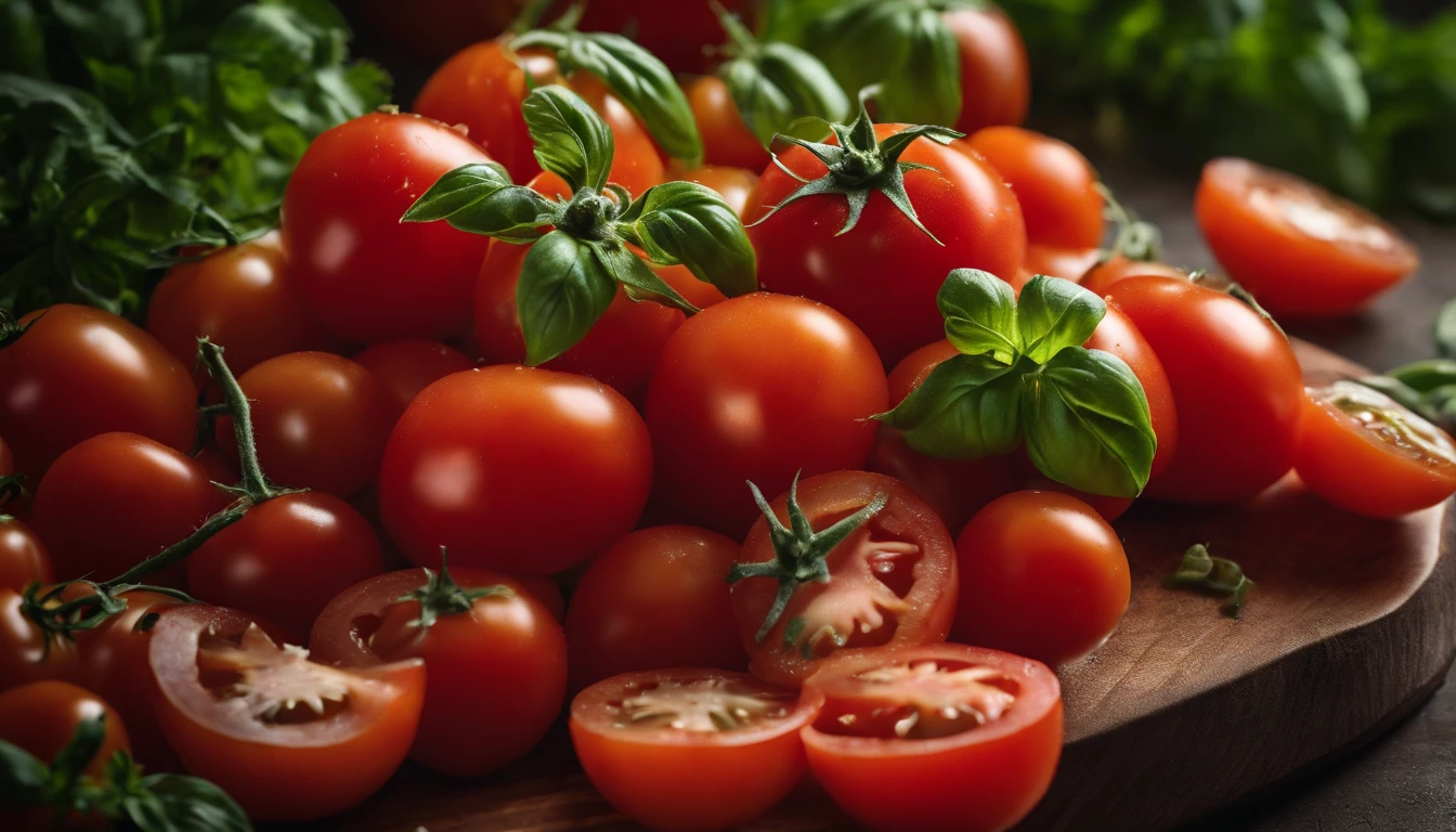 a high-angle shot of a tomato salad, featuring a variety of sliced tomatoes, fresh herbs, and other colorful ingredients, creating an appetizing and visually appealing composition