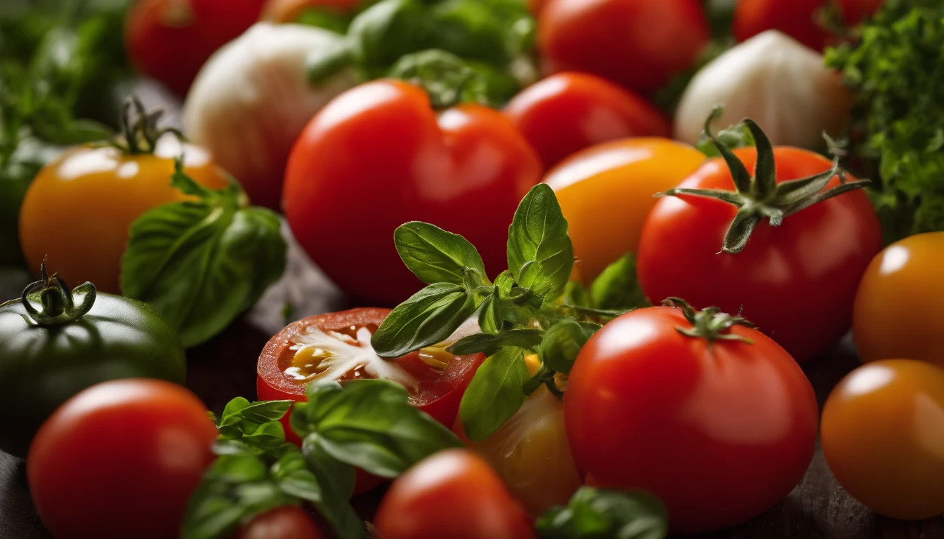 a high-angle shot of a tomato salad, featuring a variety of sliced tomatoes, fresh herbs, and other colorful ingredients, creating an appetizing and visually appealing composition