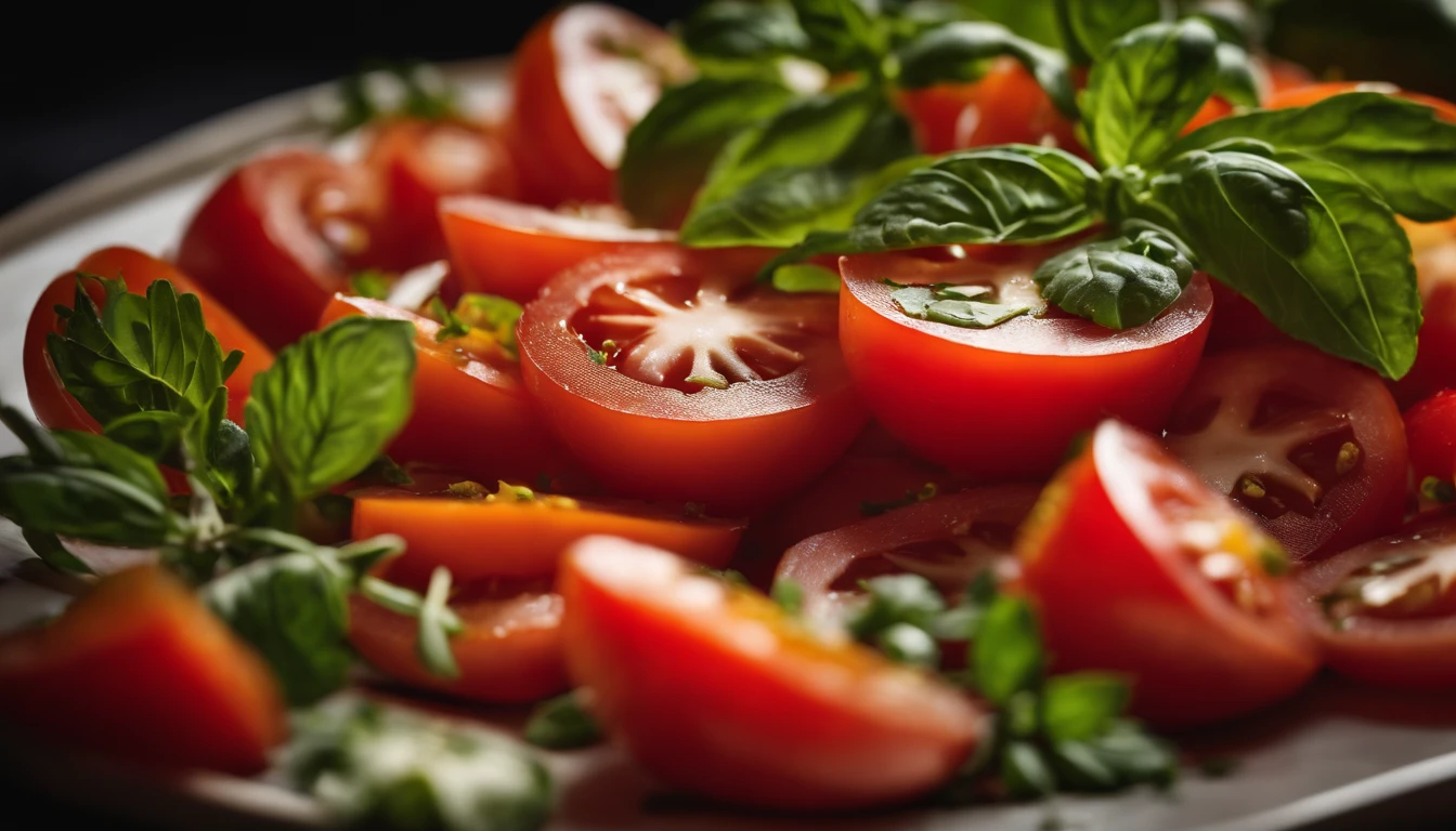 a high-angle shot of a tomato salad, featuring a variety of sliced tomatoes, fresh herbs, and other colorful ingredients, creating an appetizing and visually appealing composition