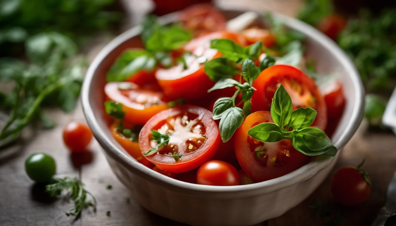 a high-angle shot of a tomato salad, featuring a variety of sliced tomatoes, fresh herbs, and other colorful ingredients, creating an appetizing and visually appealing composition