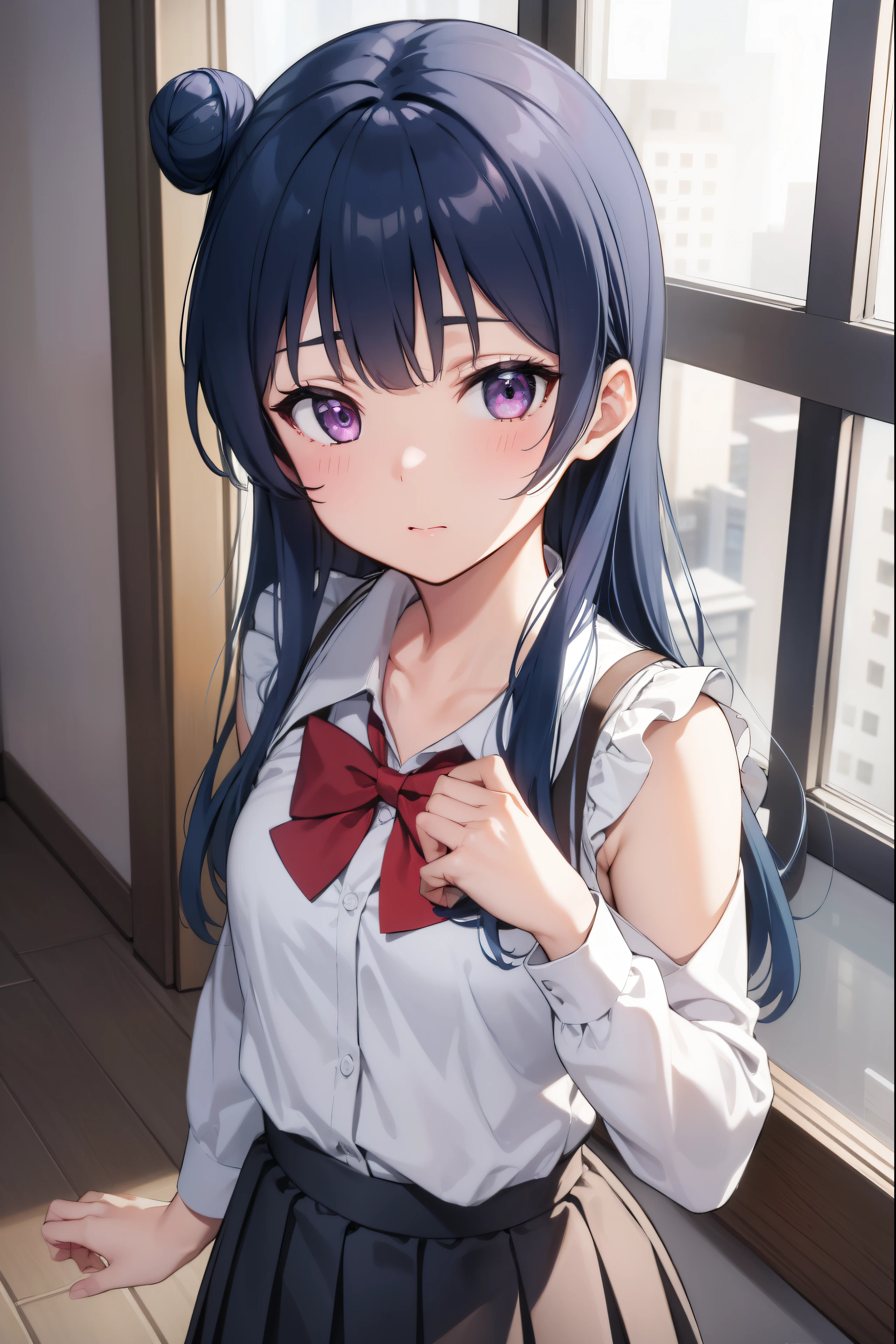 yoshikotsushima, yoshiko tsushima, blue hair, hair bun, (purple eyes:1.1), single side bun, bangs, long hair, (small breast:1.2),
BREAK bow, bowtie, buttons, grey skirt, long sleeves, pleated skirt, school uniform, serafuku, skirt, uranohoshi school uniform, yellow bow, yellow bowtie, sleeveless,
BREAK looking at viewer, 
BREAK indoors, classroom,
BREAK (masterpiece:1.2), best quality, high resolution, unity 8k wallpaper, (illustration:0.8), (beautiful detailed eyes:1.6), extremely detailed face, perfect lighting, extremely detailed CG, (perfect hands, perfect anatomy),