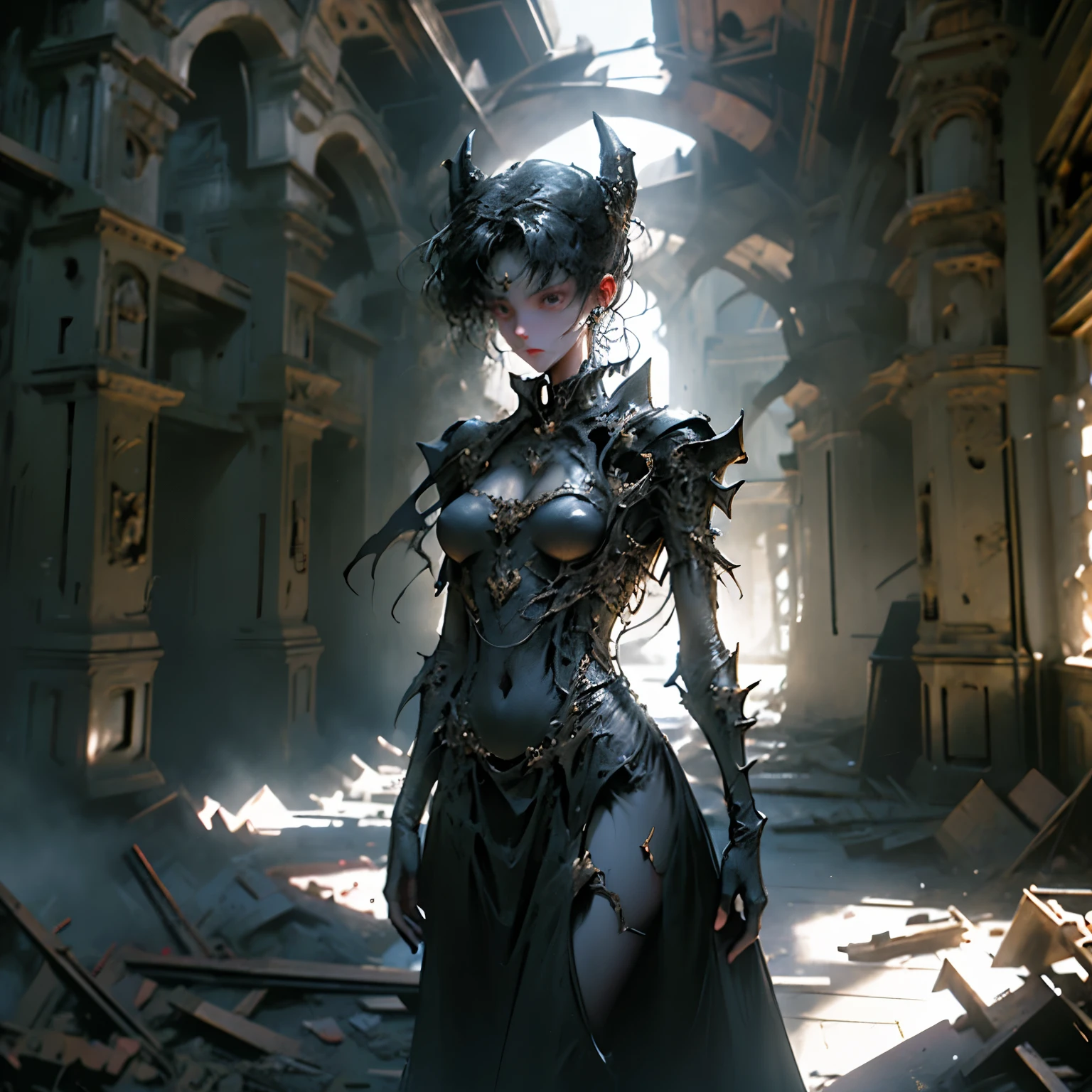 A woman, perfect face, without deformities, in an abandoned castle, monsters all around, excellent lighting, lots of details,with a black dragon, With a long black dress full of details,Face without deformations, perfect image