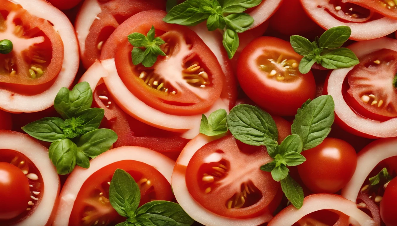 a high-angle shot of a tomato salad, featuring a variety of sliced tomatoes, fresh herbs, and other colorful ingredients, creating an appetizing and visually appealing composition