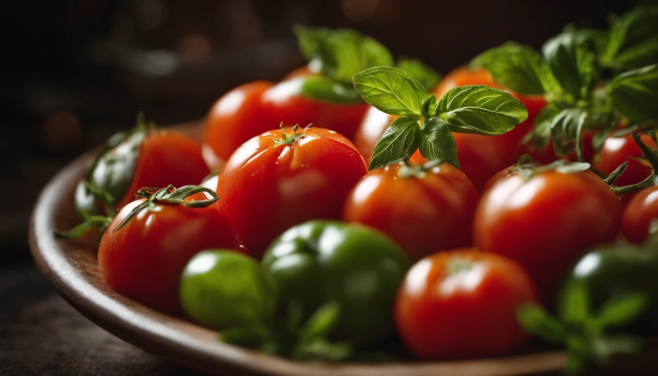 a high-angle shot of a tomato salad, featuring a variety of sliced tomatoes, fresh herbs, and other colorful ingredients, creating an appetizing and visually appealing composition