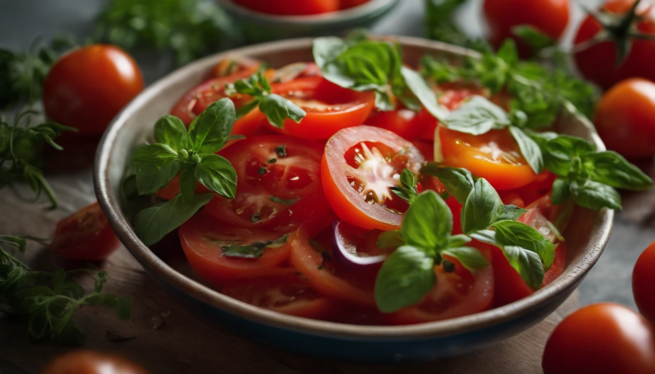 a high-angle shot of a tomato salad, featuring a variety of sliced tomatoes, fresh herbs, and other colorful ingredients, creating an appetizing and visually appealing composition