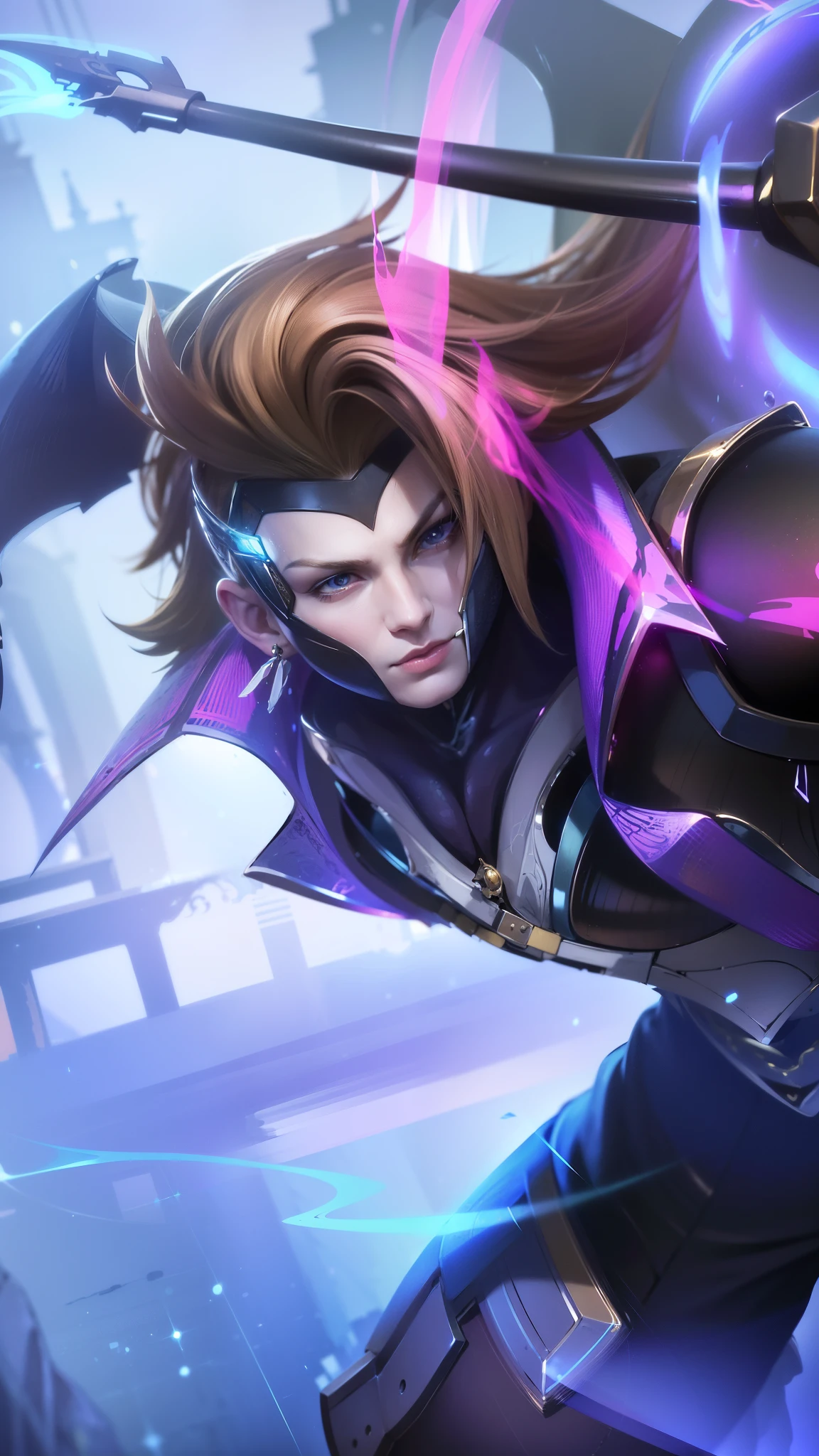 masculine male, masterpiece, ((perfect eyeest quality, (semirealism:1.9), beautiful lighting, (extremely detailed CG unity 4k fhd wallpaper), High Detail, Sharp focus, dramatic outdoors, 1 boy ,19 years old, brown hair, light purpel eyes, (Absurdres, Intricate Details, Masterpiece, Best Quality, High Resolution, 8k), 1 male, thin, young, aged up, masked, finely detailed eyes and face, auburn low-fade hair, amber eyes, portrait, looking at viewer, solo, half shot, detailed background, (light fantasy theme:1.1), focusing, mercenary, sunshine, floating scraps, color plate armor, divine aura, bright realistic lighting, marble castle, intense atmosphere, circlet, coat of arms, brazier, Depth of Field, VFX.