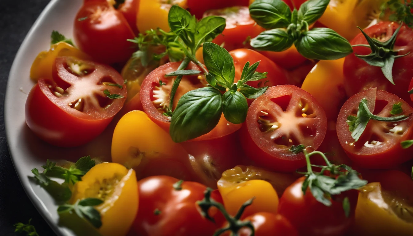 a high-angle shot of a tomato salad, featuring a variety of sliced tomatoes, fresh herbs, and other colorful ingredients, creating an appetizing and visually appealing composition